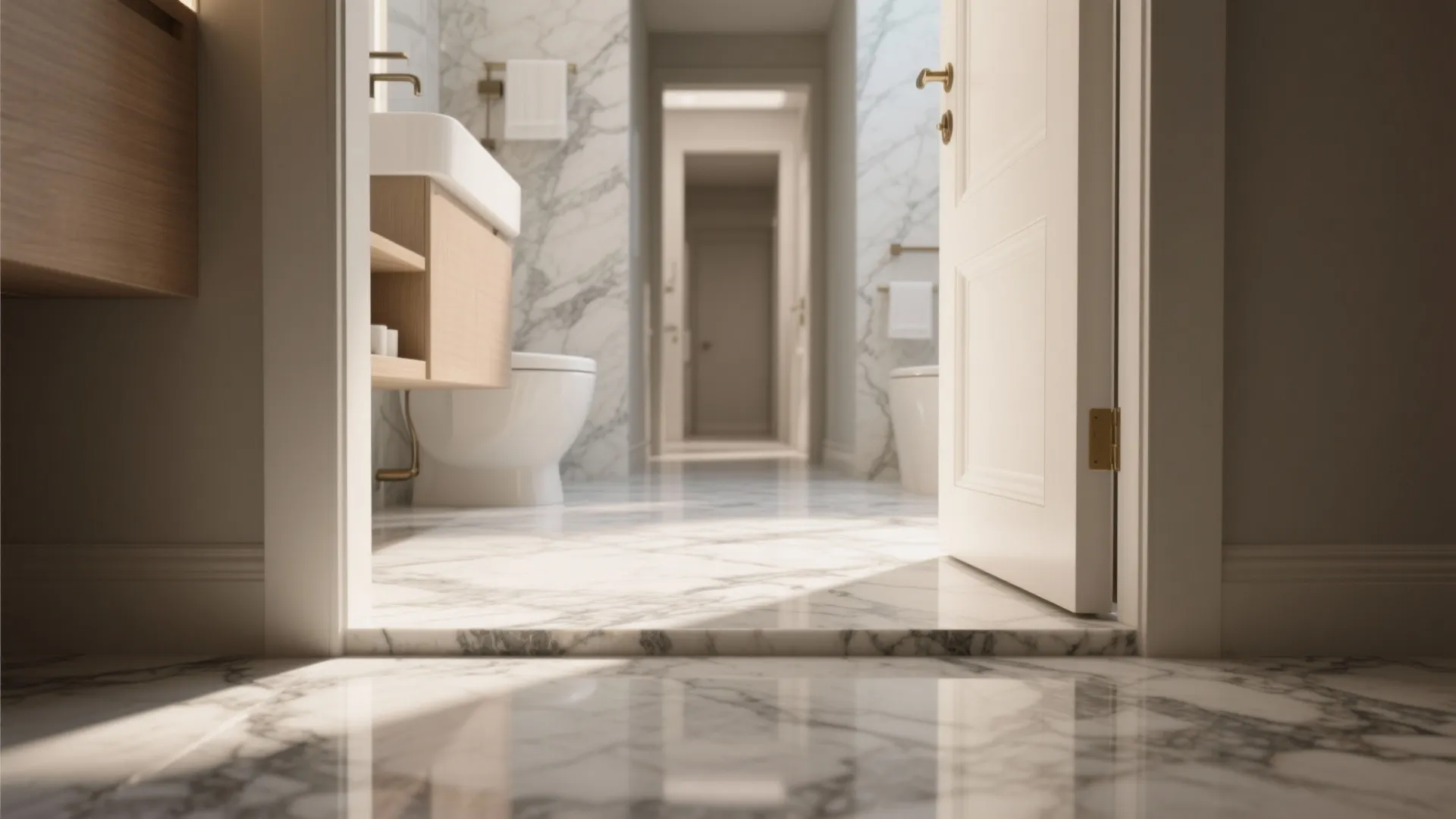 Modern bathroom interior featuring marble floor tiles with a matching door threshold and white walls