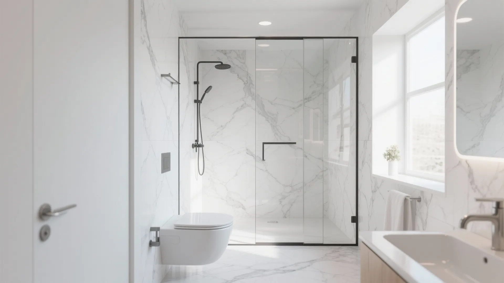 Modern bathroom with white marble walls, glass shower door, wall mounted toilet, and bright windows