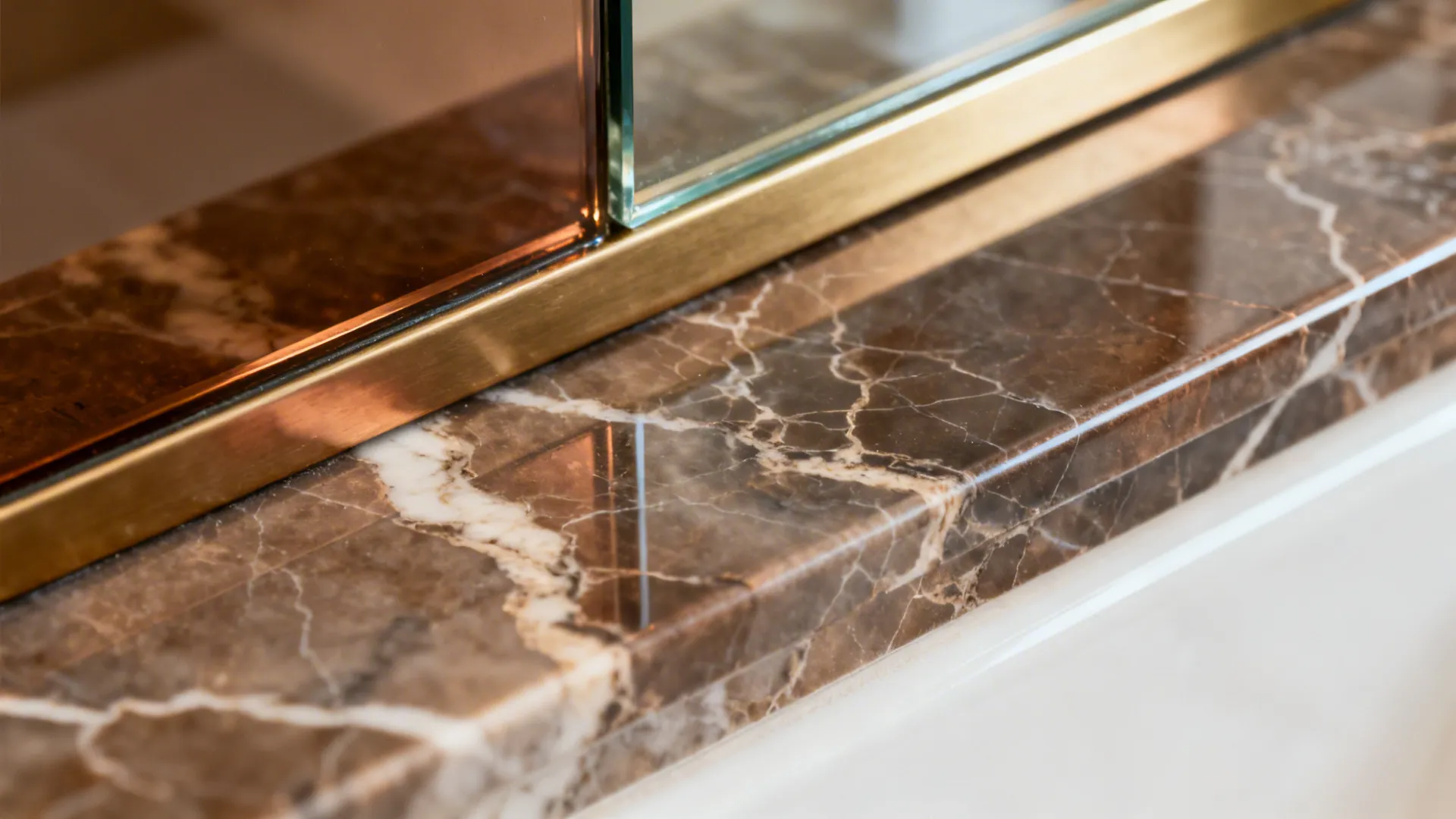 Macro of smoky brown marble-look tile meeting bronze glass with a satin brass rail.