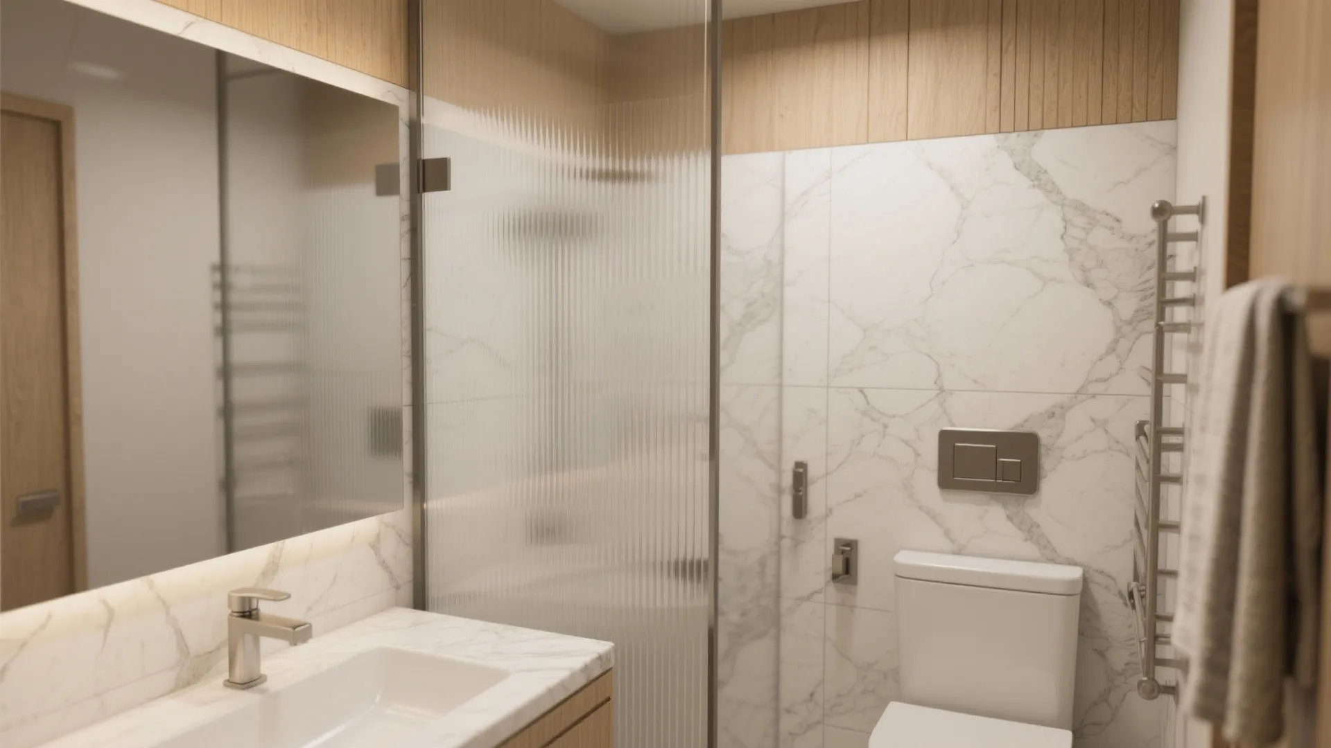 Marble + Textured Accents (Glass or Wood)