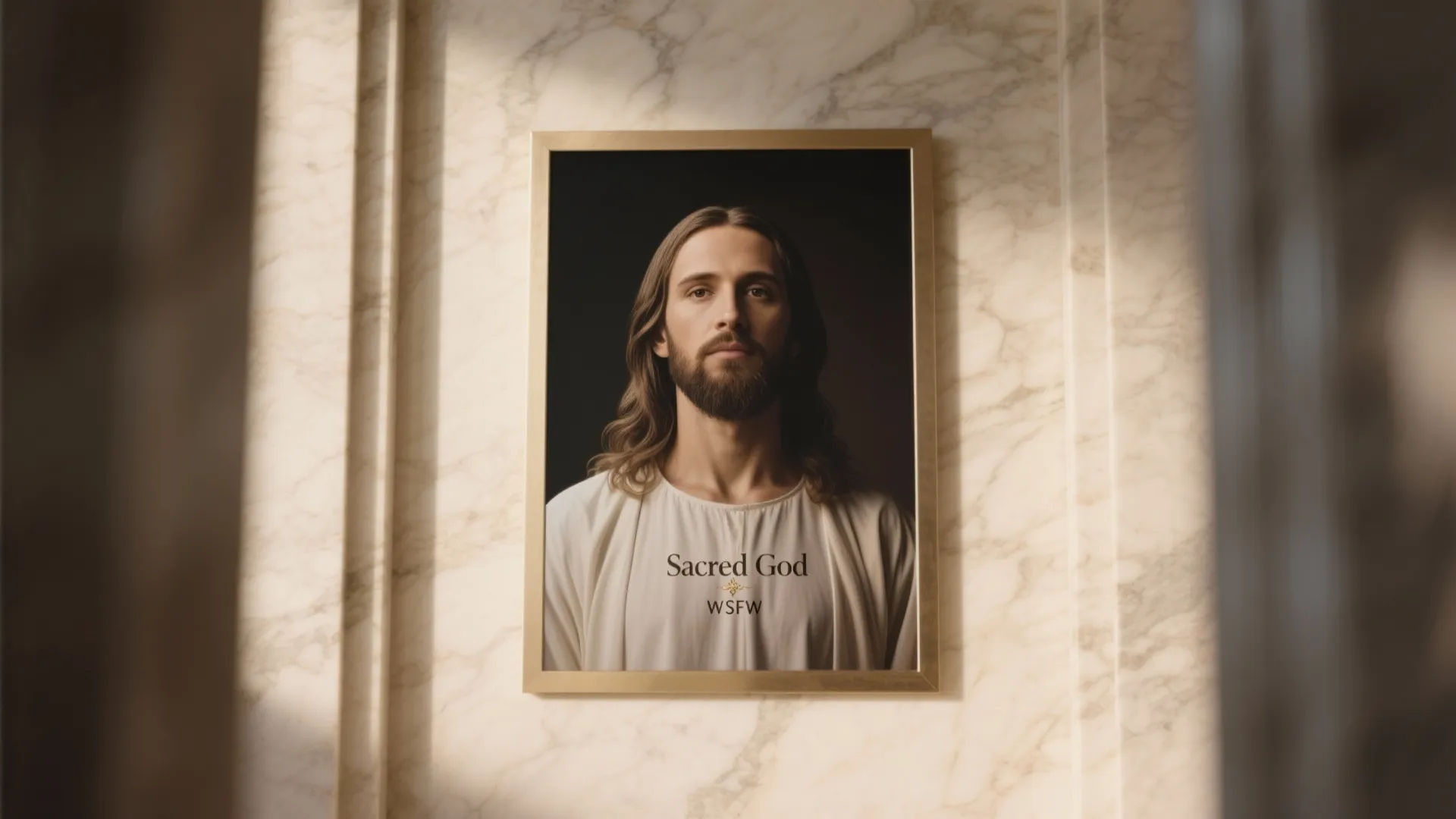 Framed portrait of a man with long hair hanging on a beige marble stone wall
