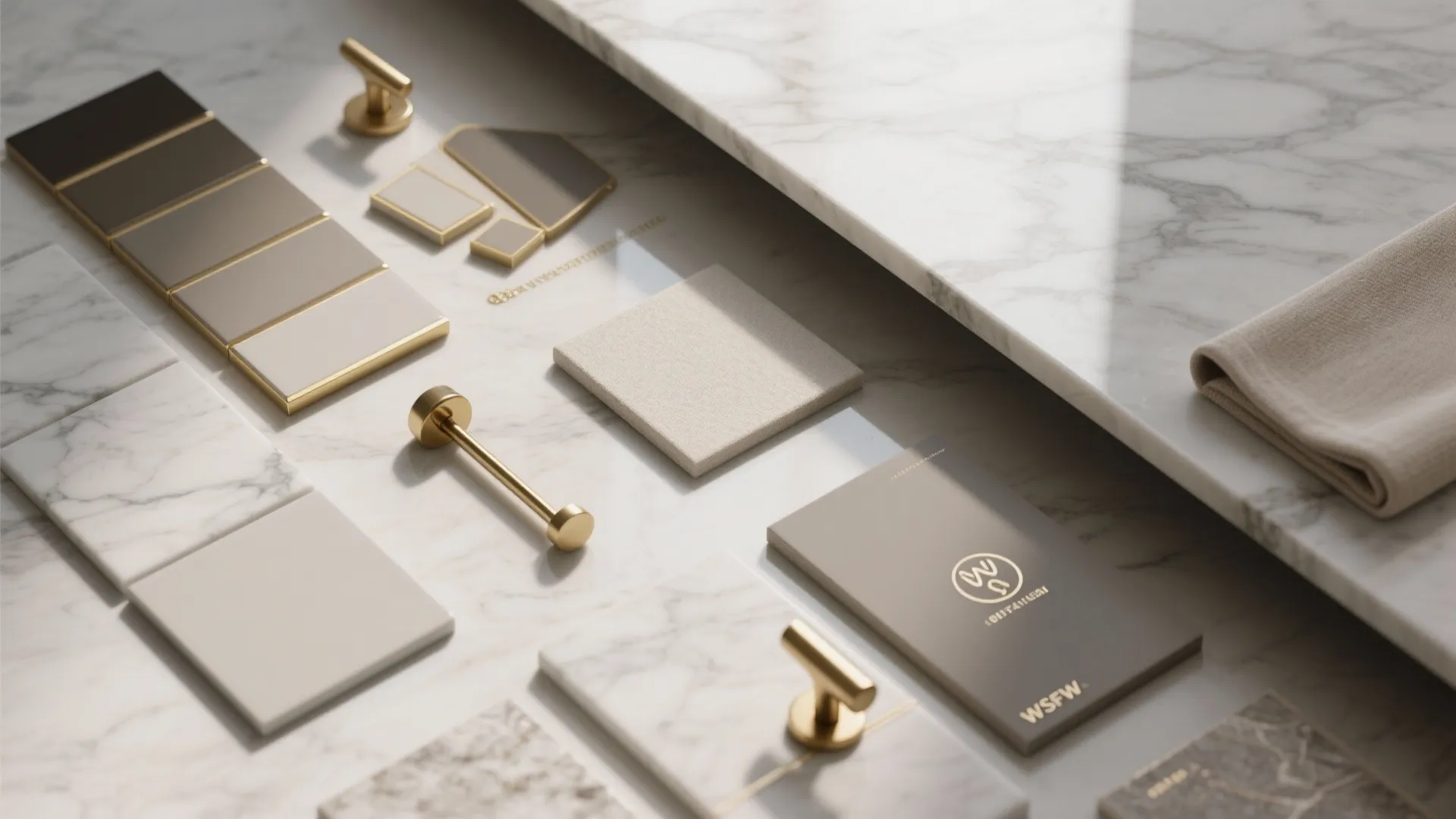 Material mood board with marble tiles gold handles fabric samples and neutral color palette swatches