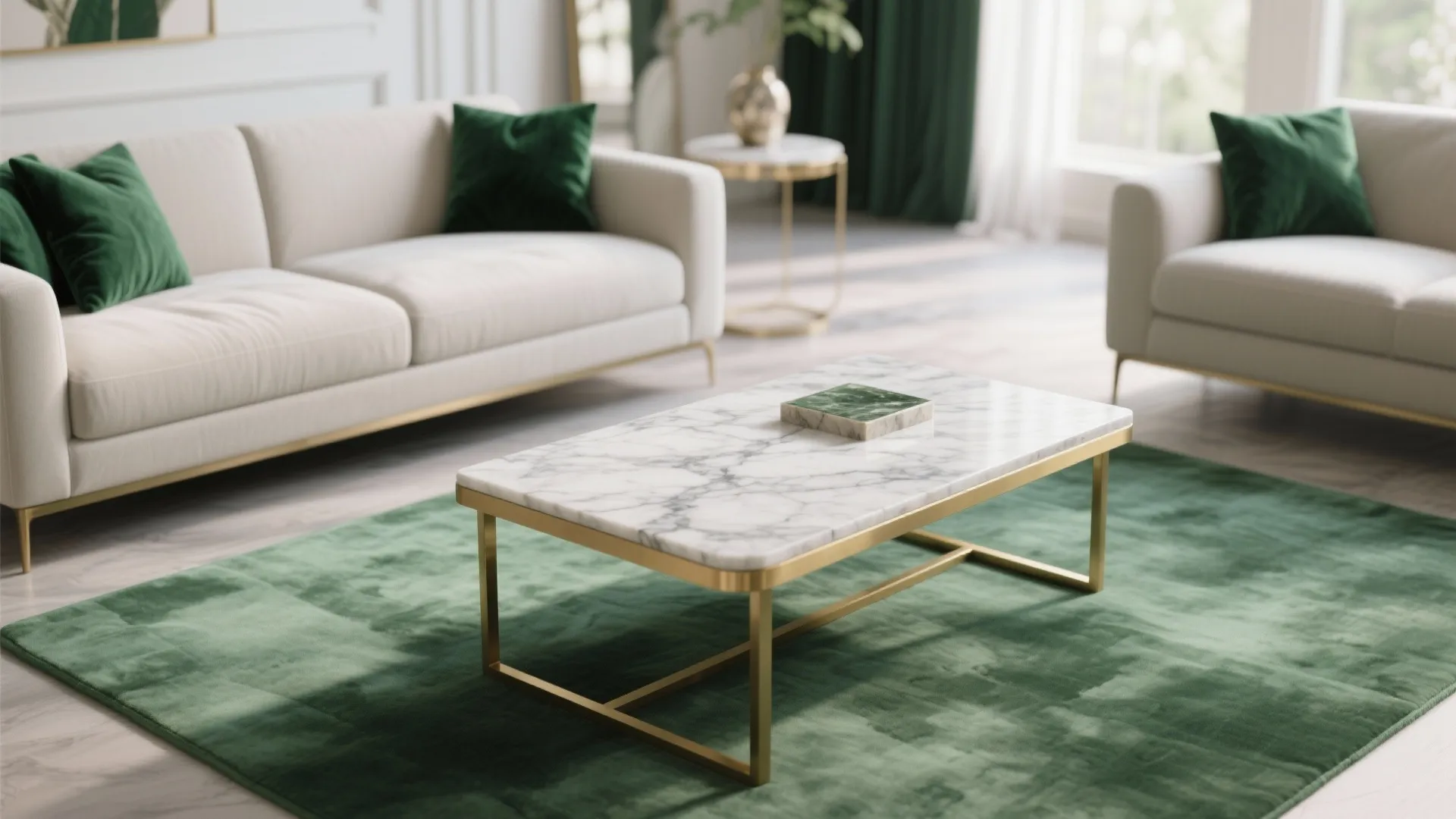 Marble coffee table with gold legs on green rug between two white sofas with pillows