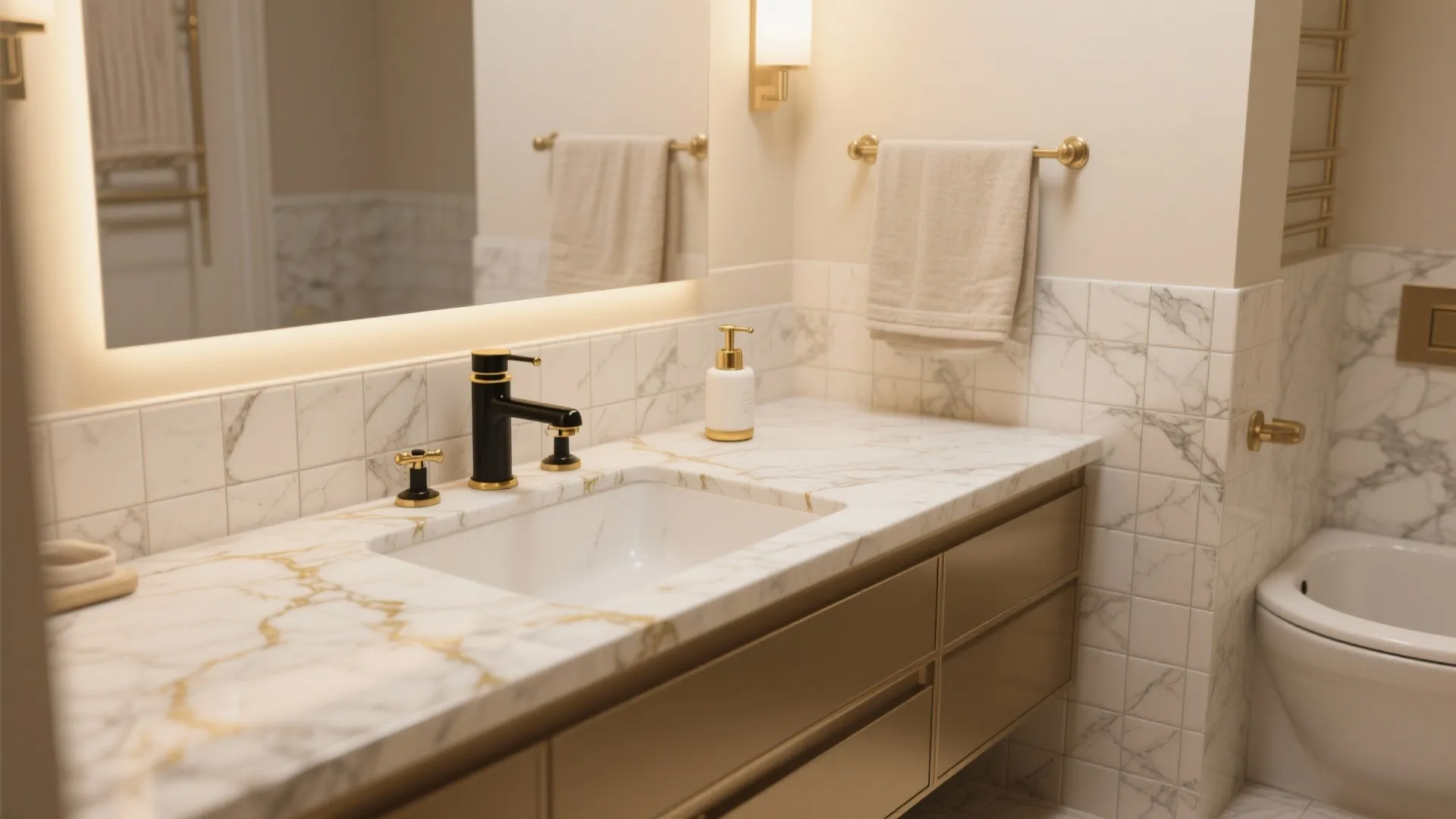 2. Warm Marble and Brass Contrast