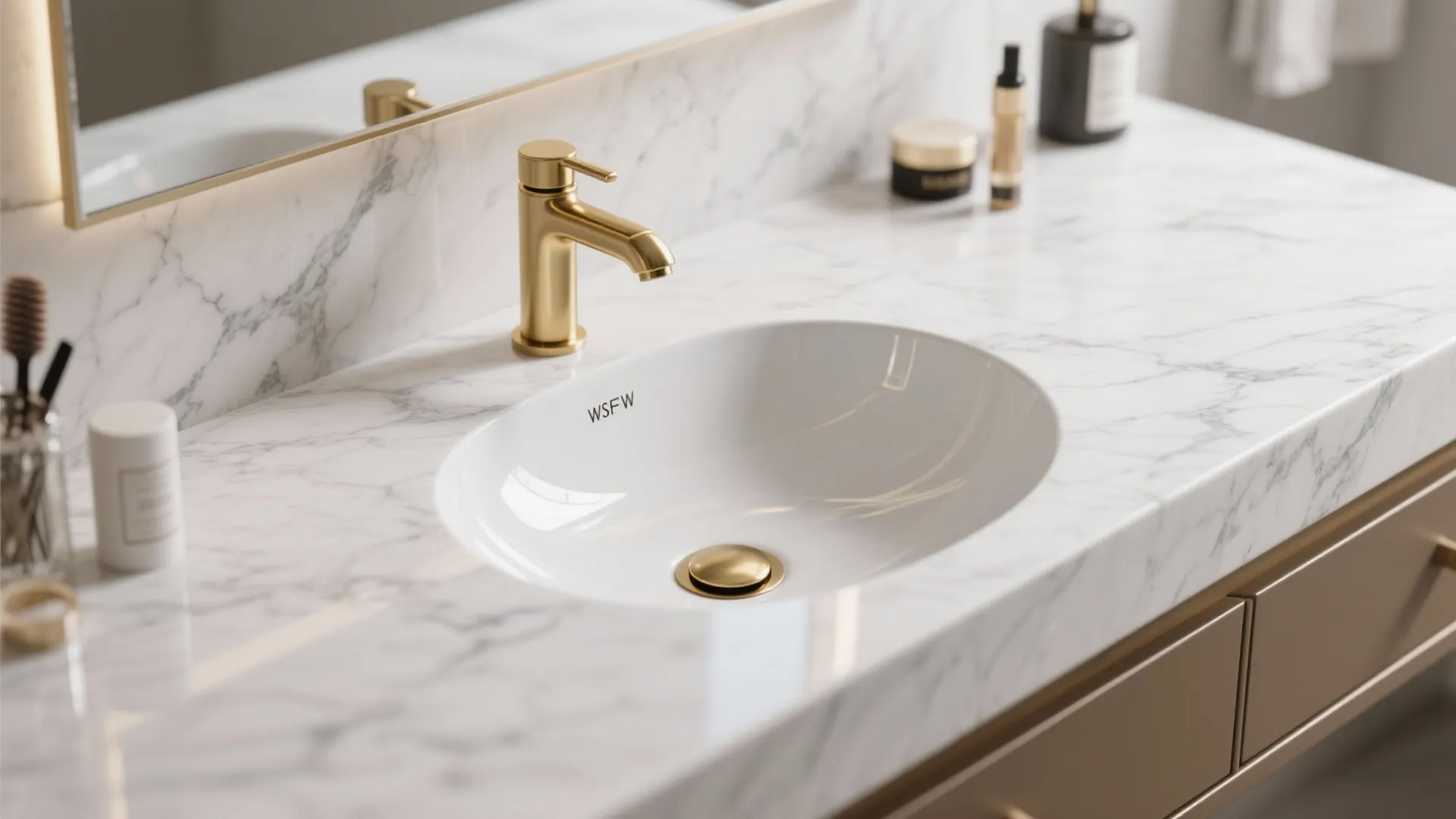 3. Marble countertop and gold vessel faucet