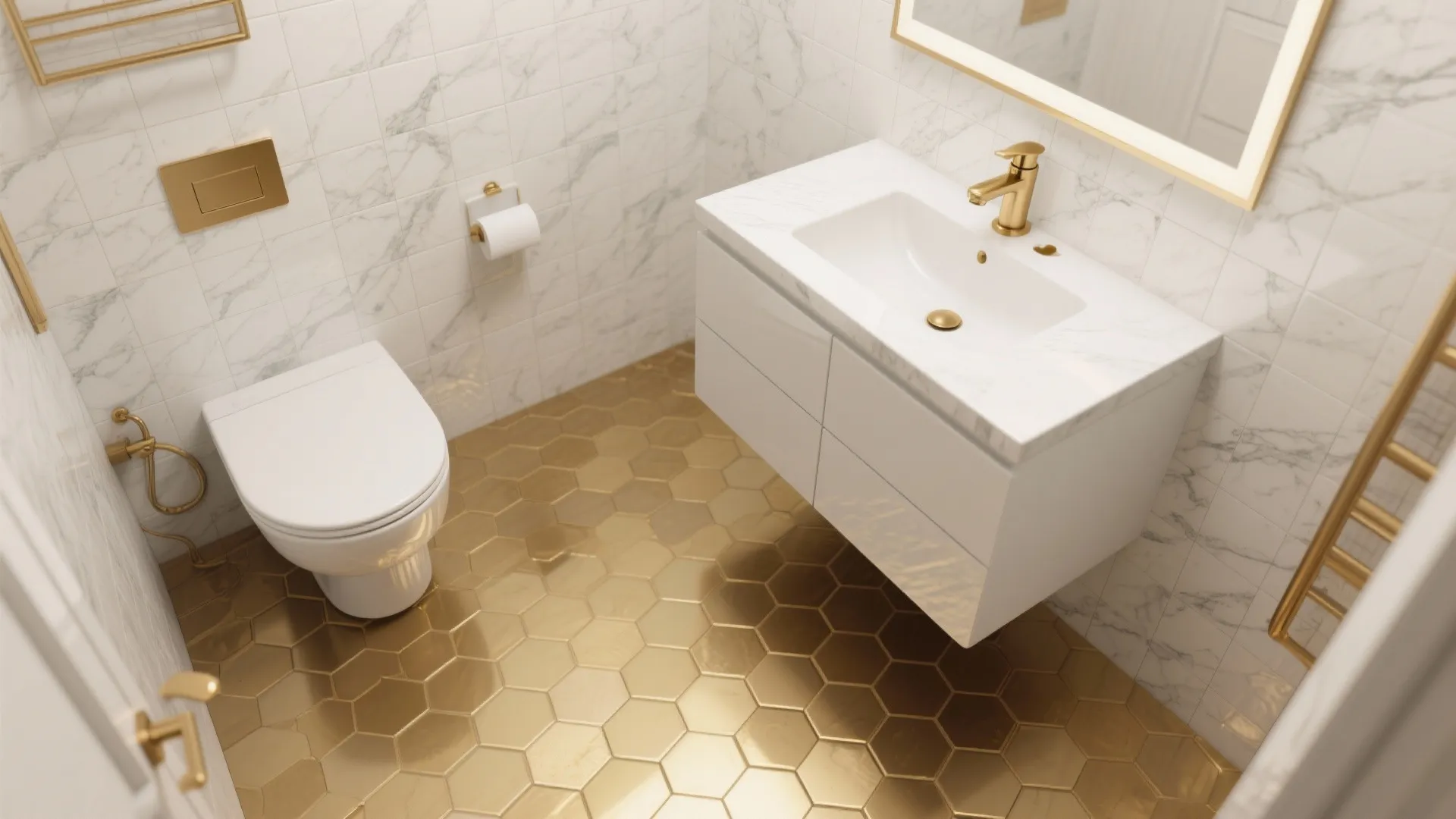 Luxury bathroom with marble walls gold hexagon floor tiles white toilet and floating white vanity cabinet