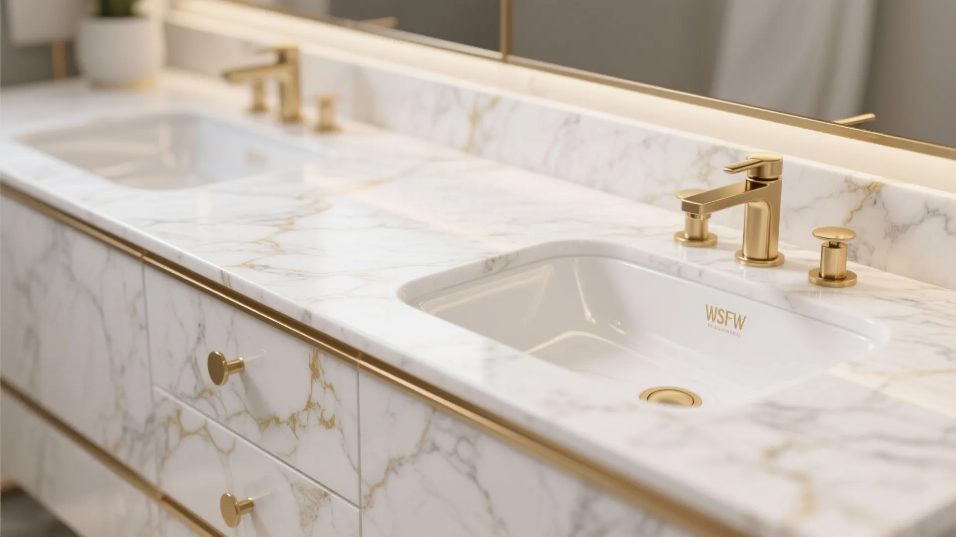 3. White marble countertops with subtle gold veining