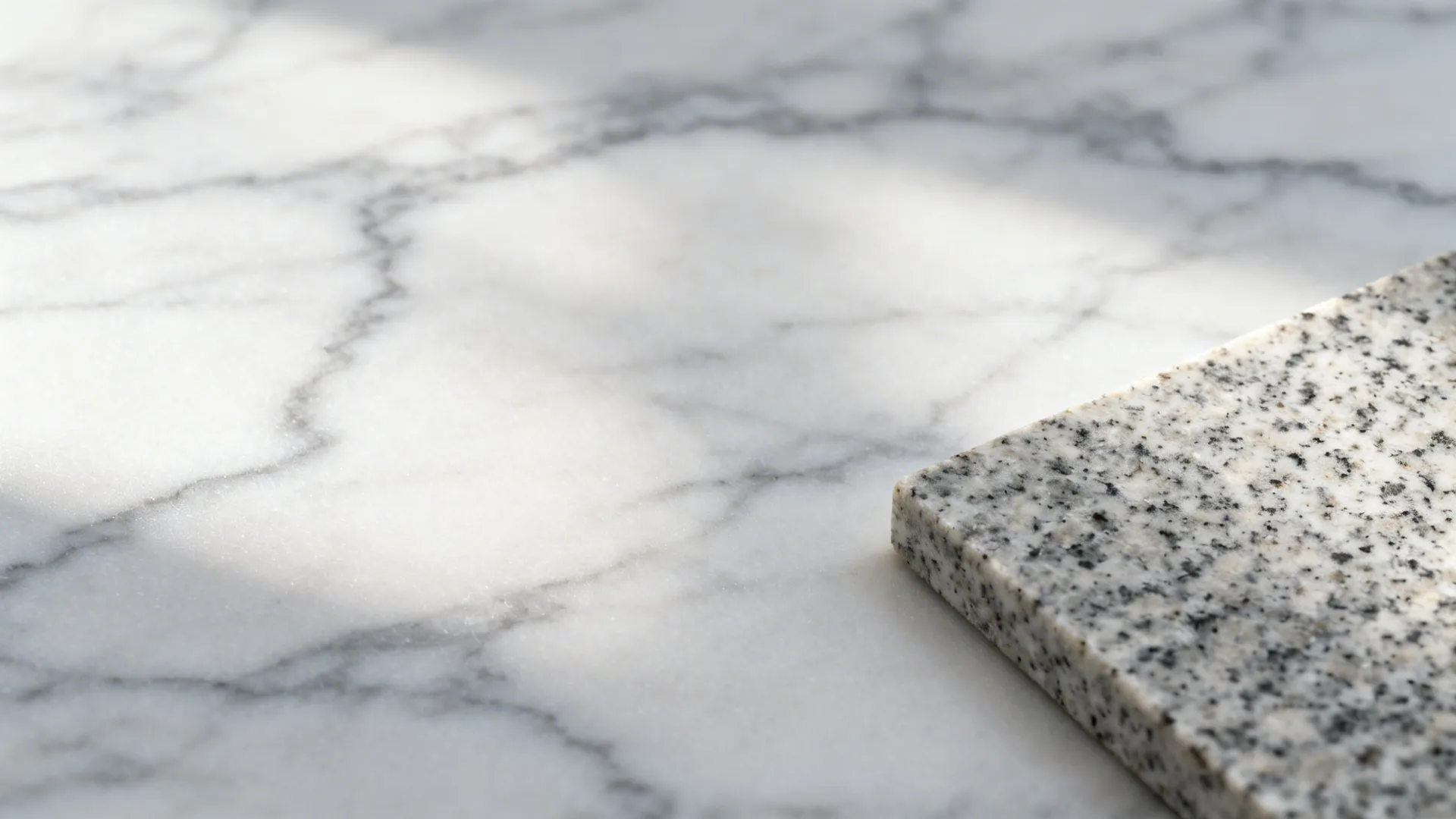 Macro of honed marble veining next to speckled granite edge detail.