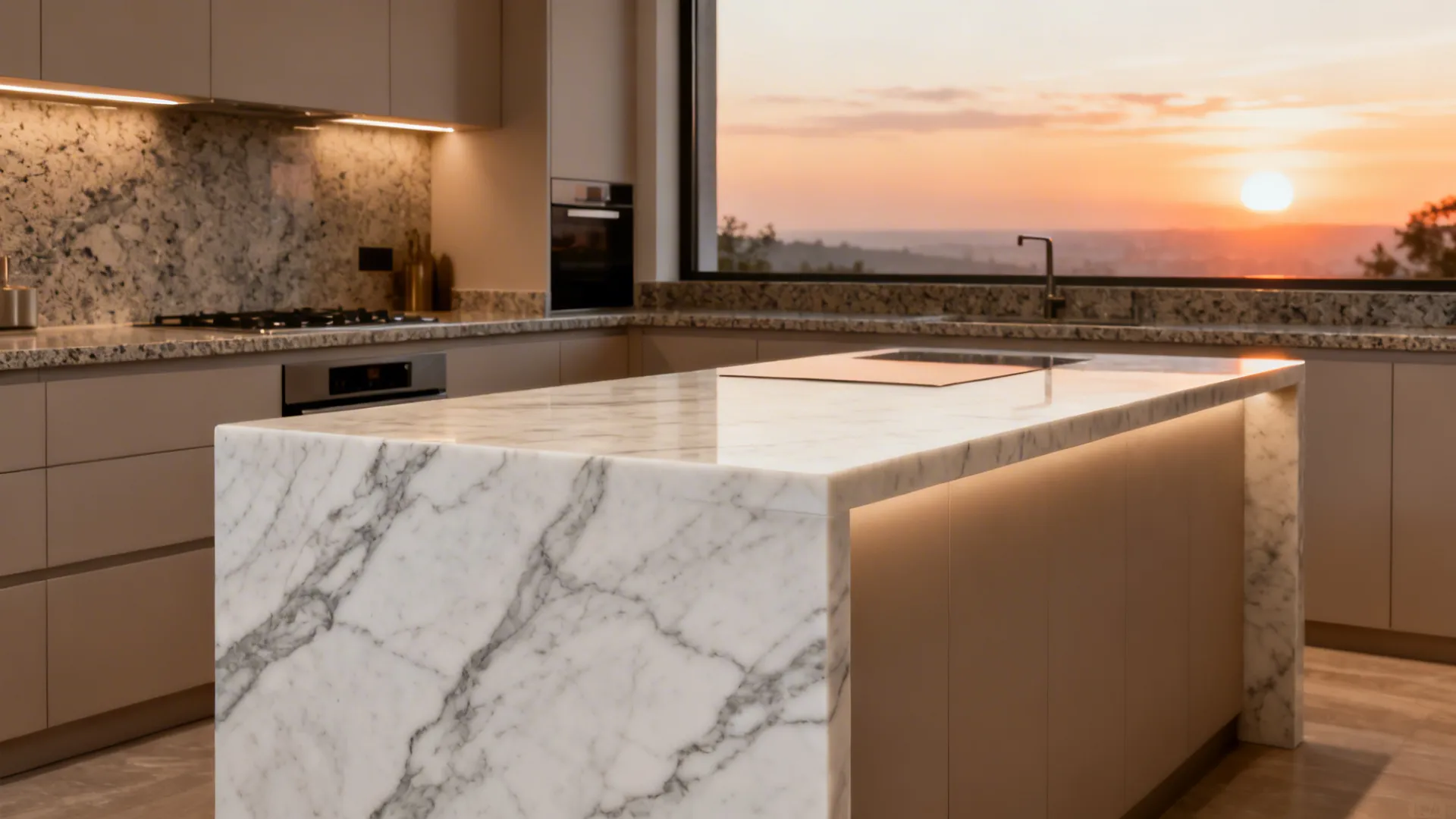 Small kitchen with honed marble peninsula and calm cabinetry, granite on main run.