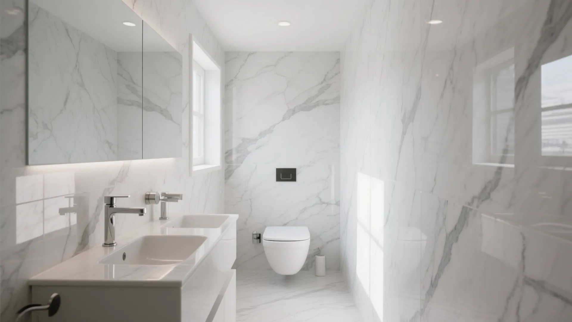 Luxury bathroom with marble wall tiles double sink mirror toilet and bright warm interior lighting