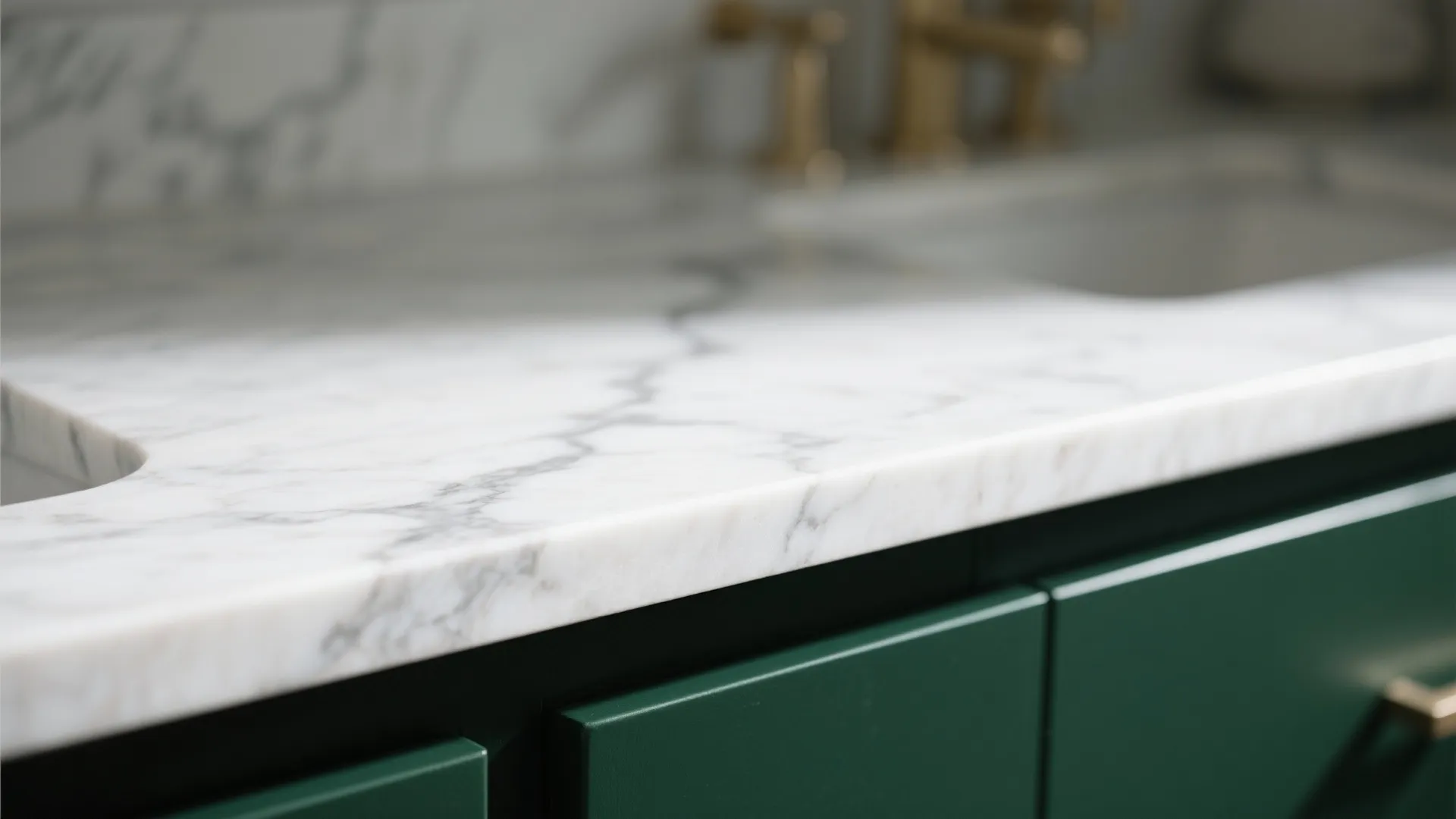 Close up of white marble countertop with grey veins on top of dark green cabinet