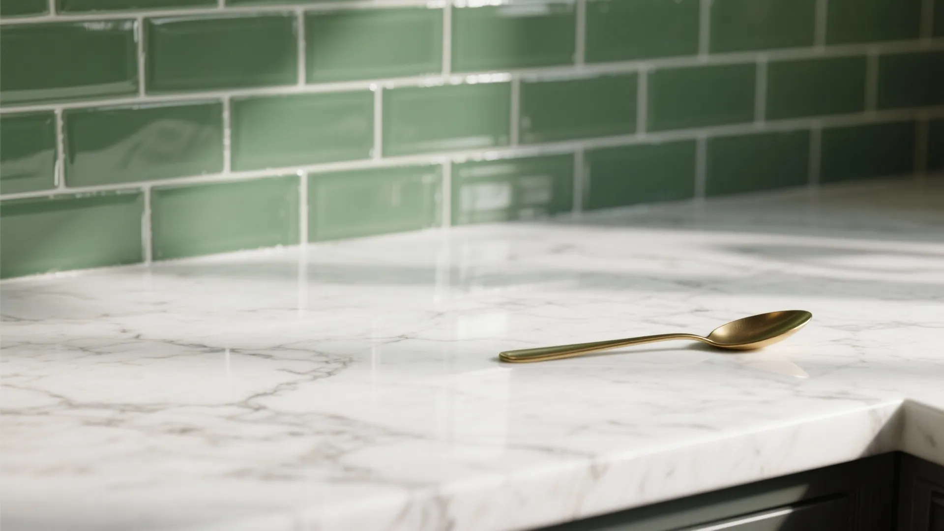 2. White marble counters + green tile backsplash
