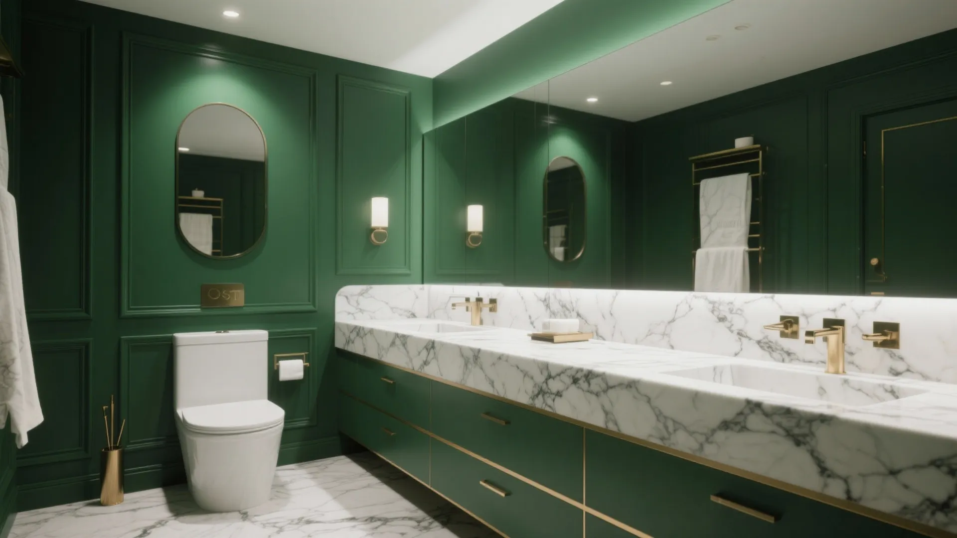 Luxury bathroom with green wall panel, white marble countertop, double sinks, gold taps, and mirror