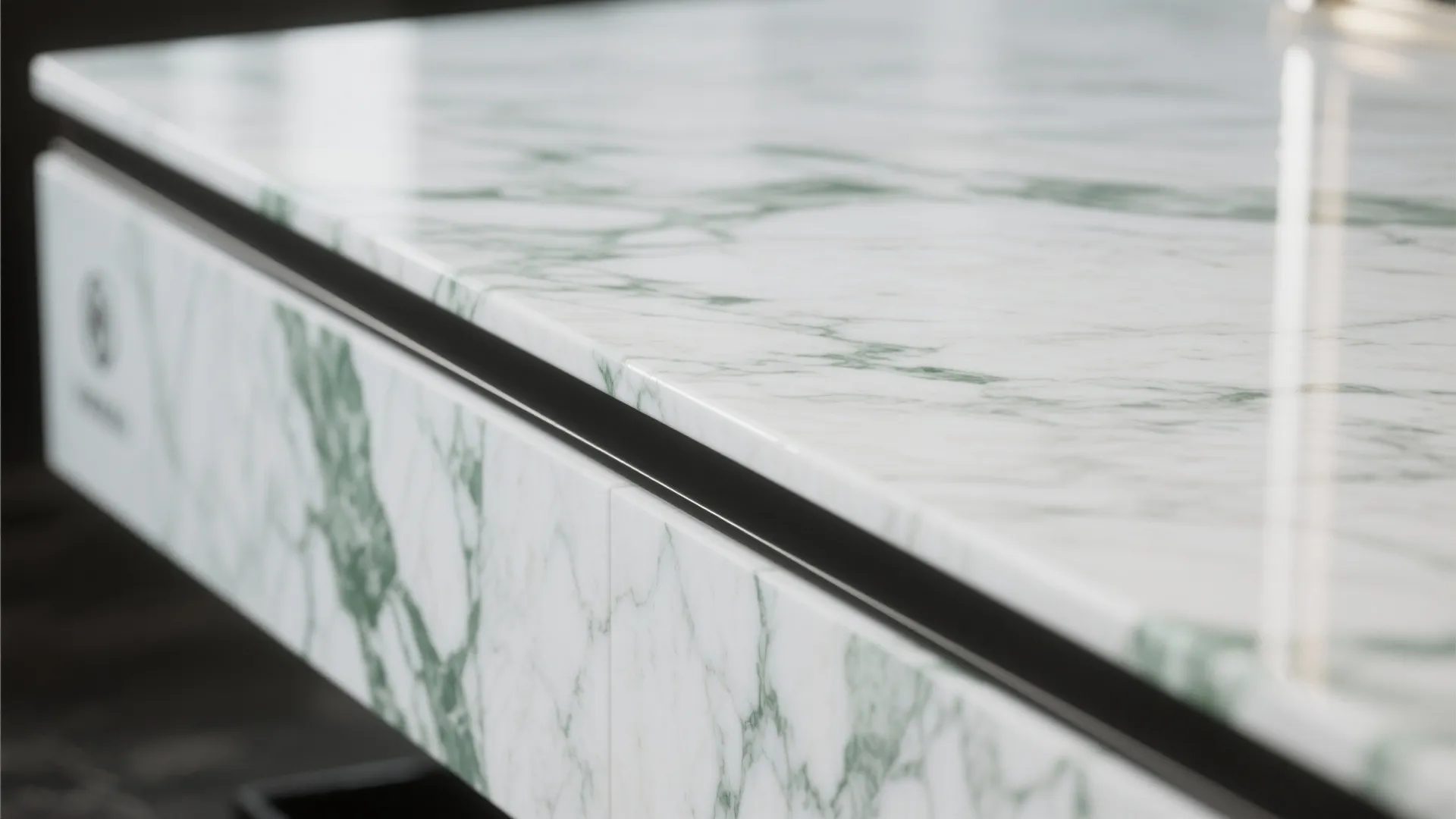 4. Minimal White Marble with Green Veining and Black Trim