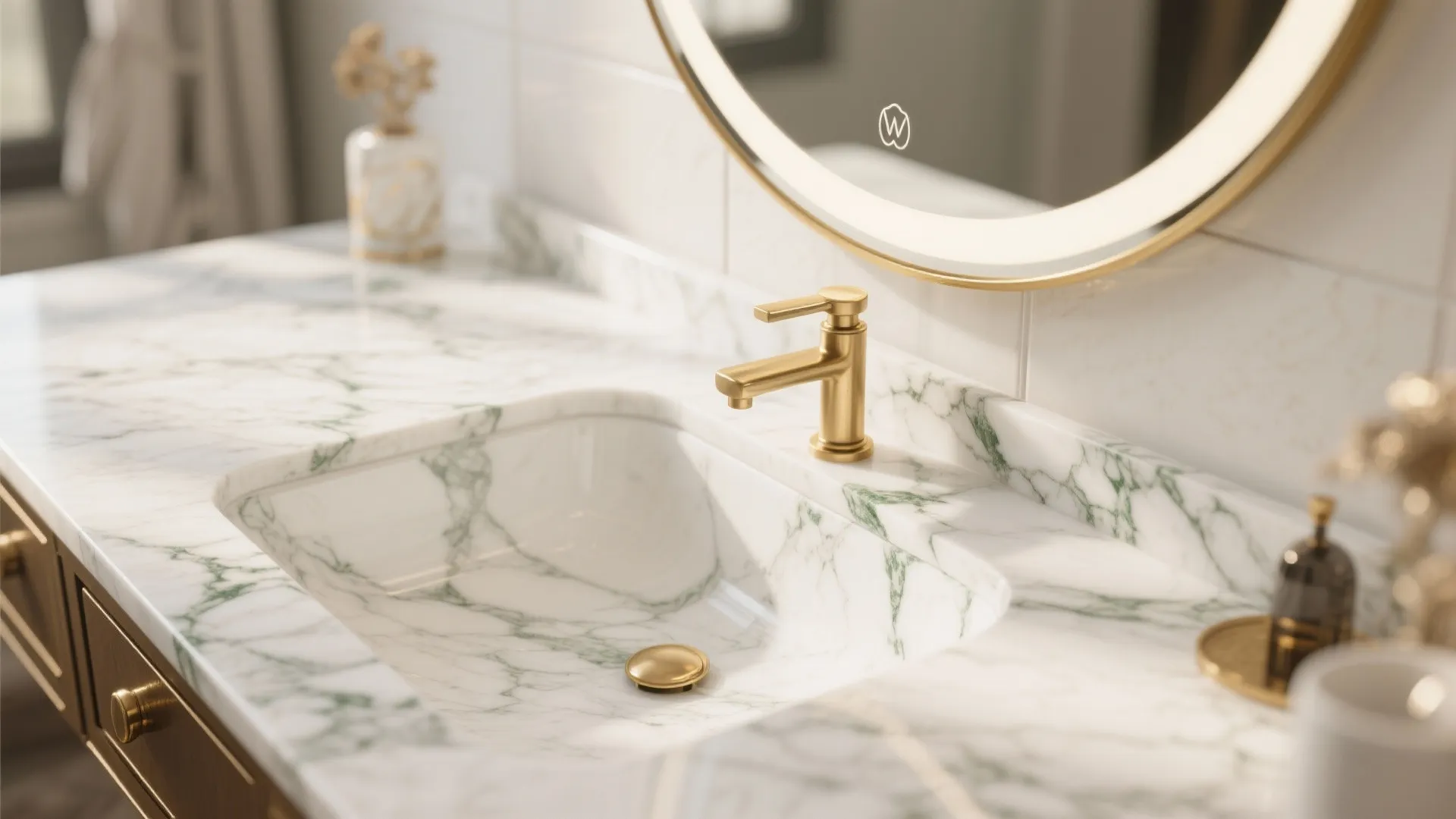 2. Marble vanity with green veins and gold accents