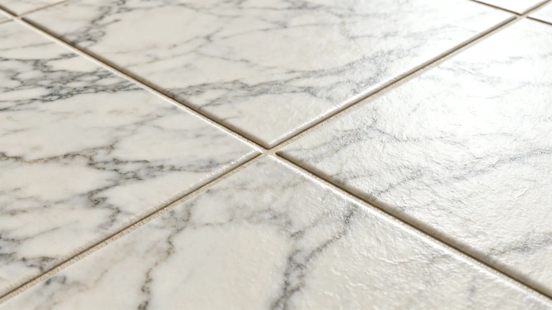 Macro of marble-look 3D vinyl tile with raised grout and subtle sheen.