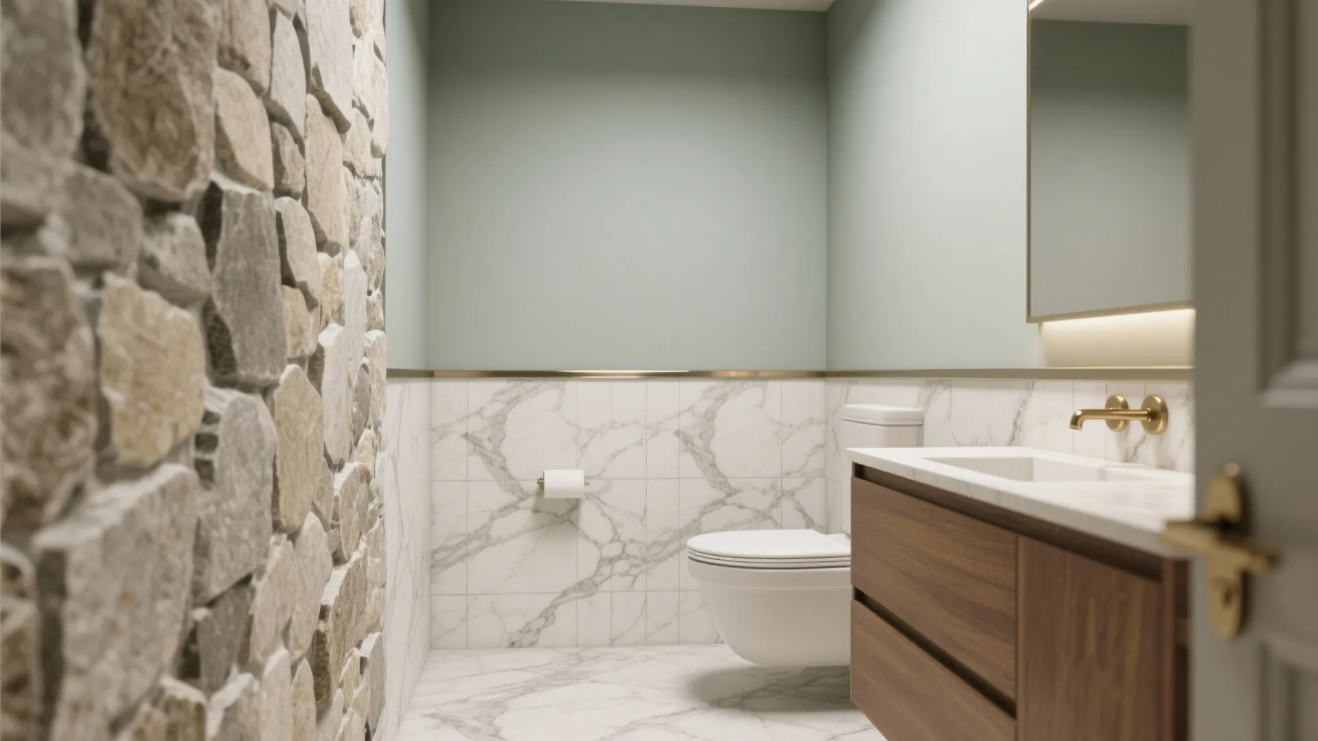 Small bathroom with a marble veneer half wall and painted upper wall, slim cap and wood vanity.