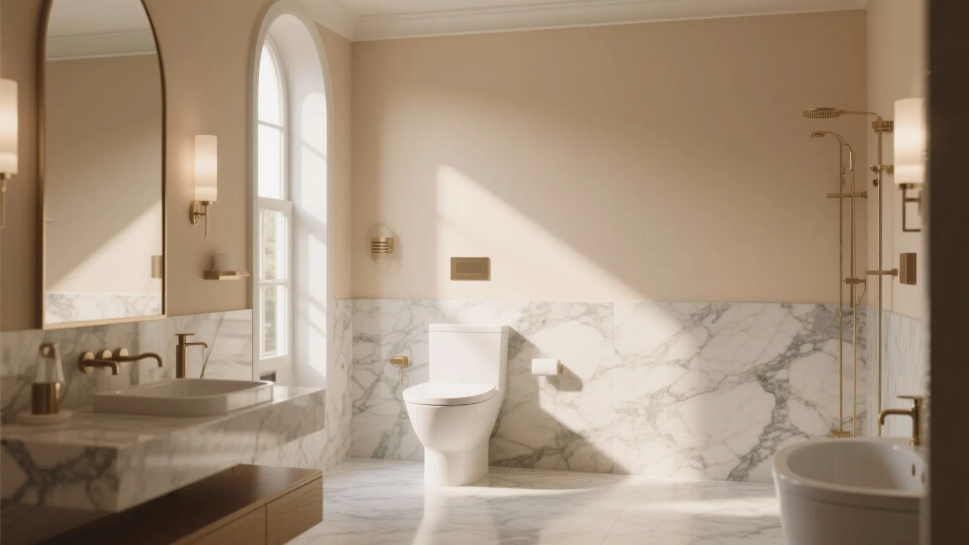Elegant bathroom with beige walls marble wall panel white toilet gold light fixture and sink