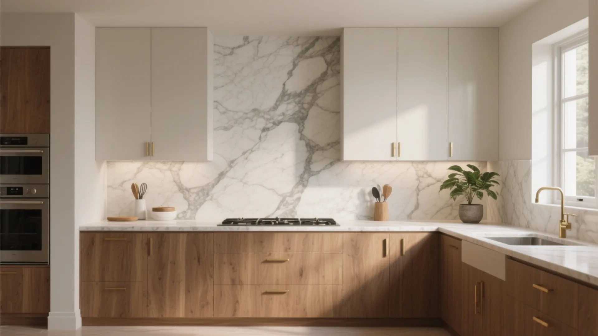 Modern kitchen with wood cabinets white wall cabinets marble wall panel and gold sink faucet