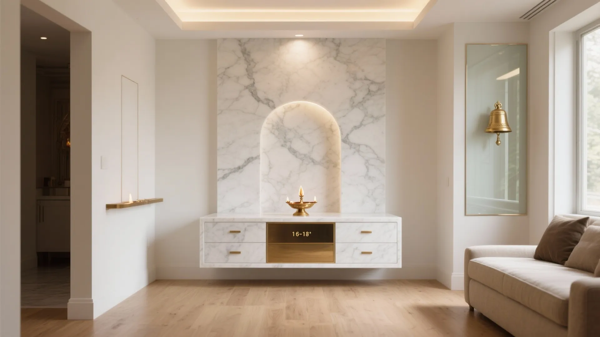 Modern living room featuring white marble wall niche floating cabinet wood floor and gold lamp