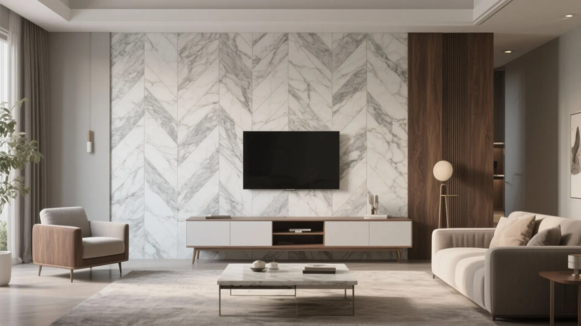 Herringbone Marble Accent Wall Behind the Sofa or TV