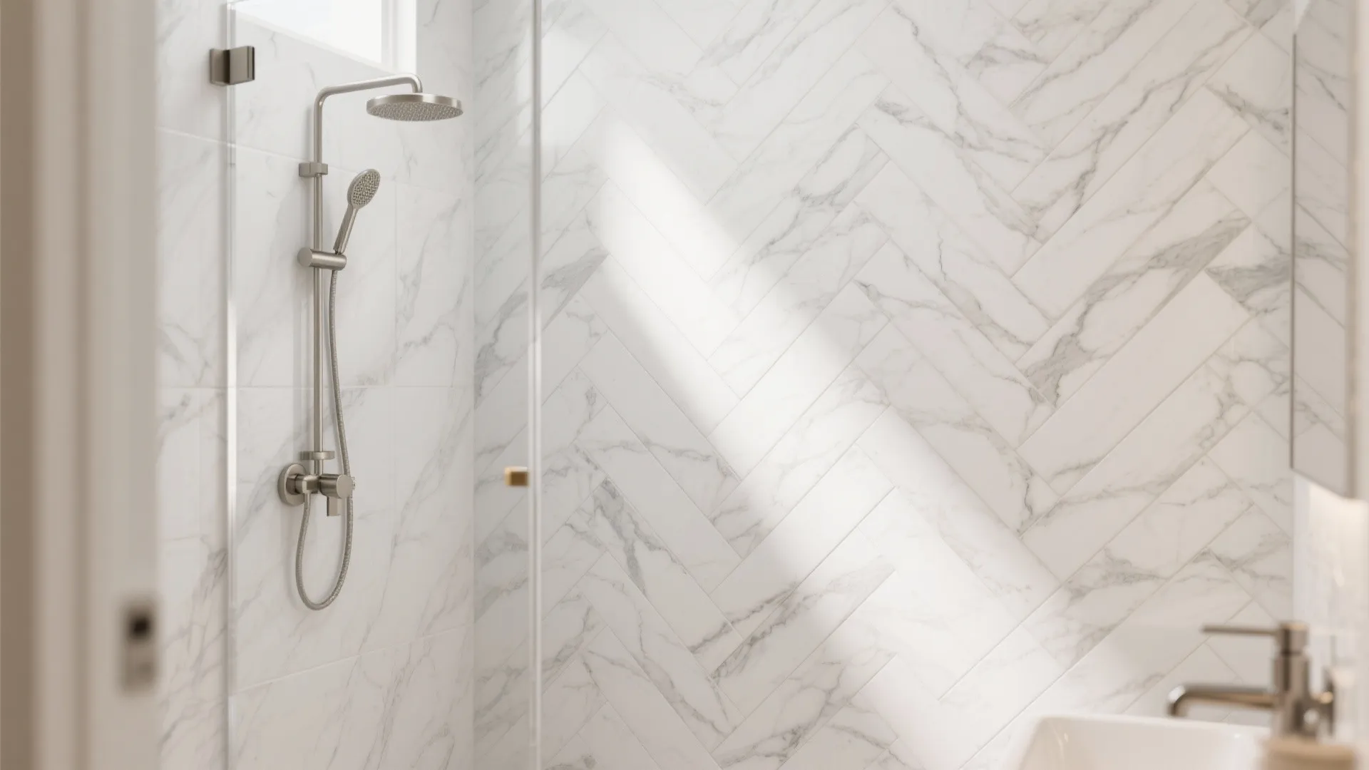 Marble-Look White Herringbone for Subtle Luxury