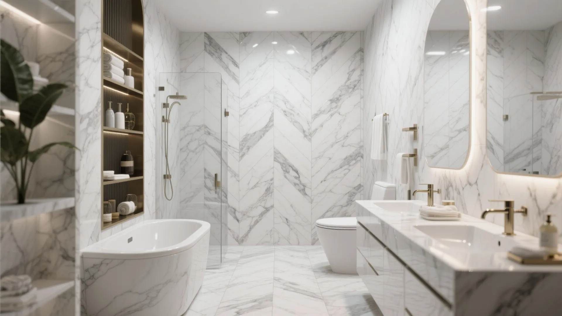 Luxury white marble bathroom with a large bathtub double sink vanity and gold light fixtures
