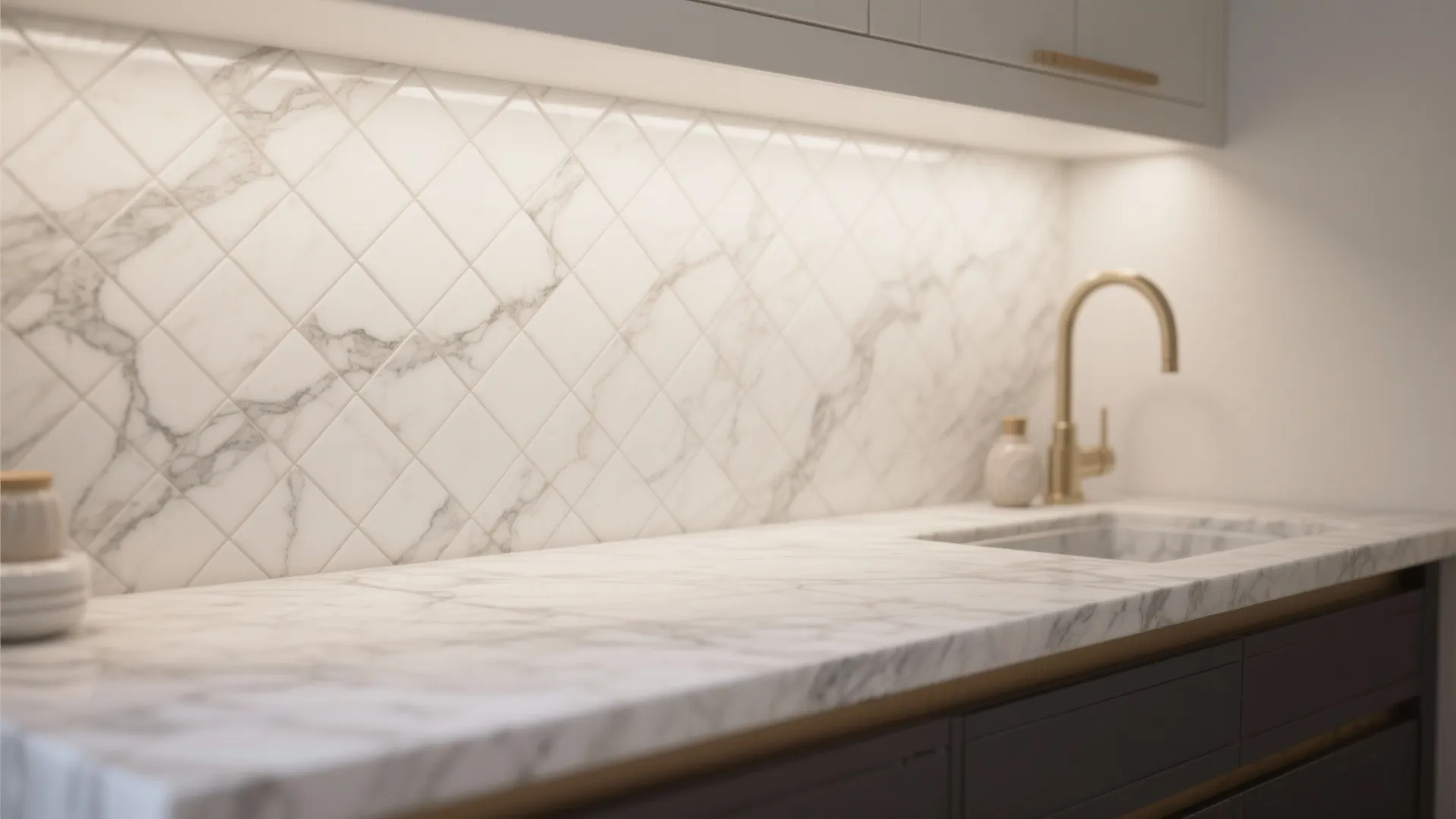 4. Marble or Marble-Look Quartz Countertop + Herringbone Tile Backsplash
