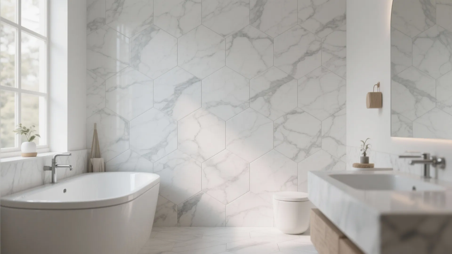 2. Marble-Effect Hex Tiles