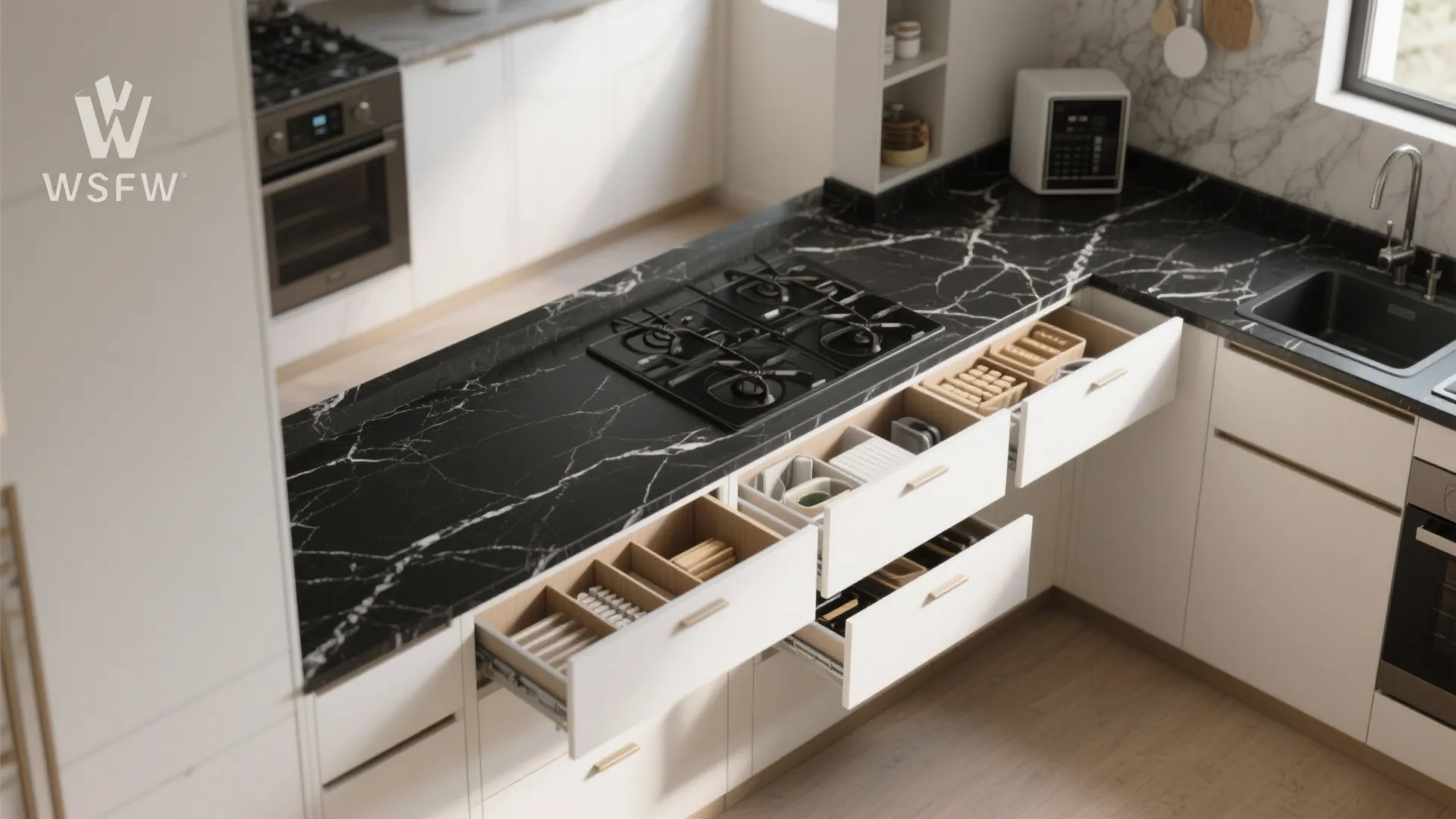 Top view of white kitchen cabinets with open drawers showing wooden organizers and black marble countertop