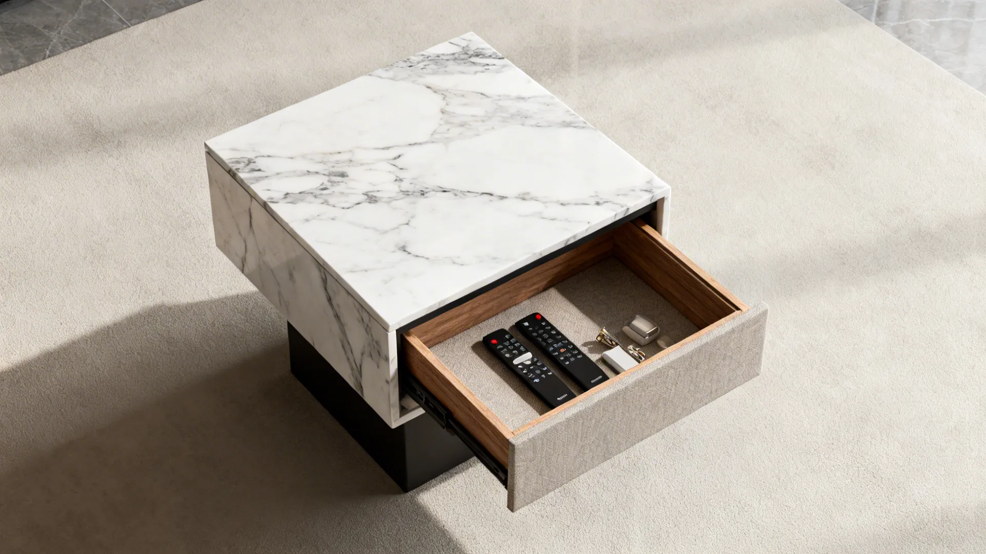 Top-down view of a marble side table with lift-top storage open, showing organized compartment.