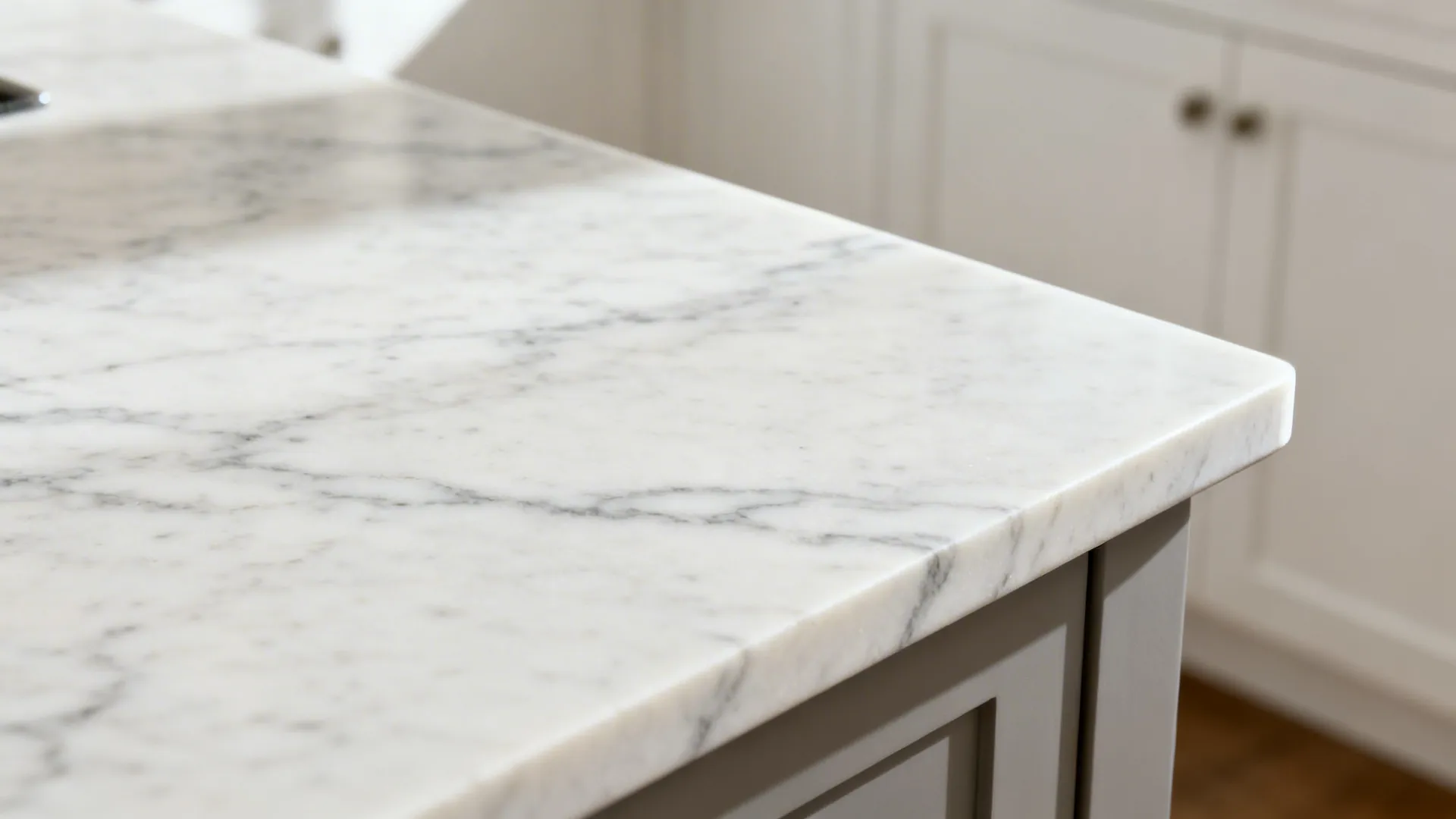 Macro of honed subtle-veined Carrara marble showing soft matte texture and fine gray veining.