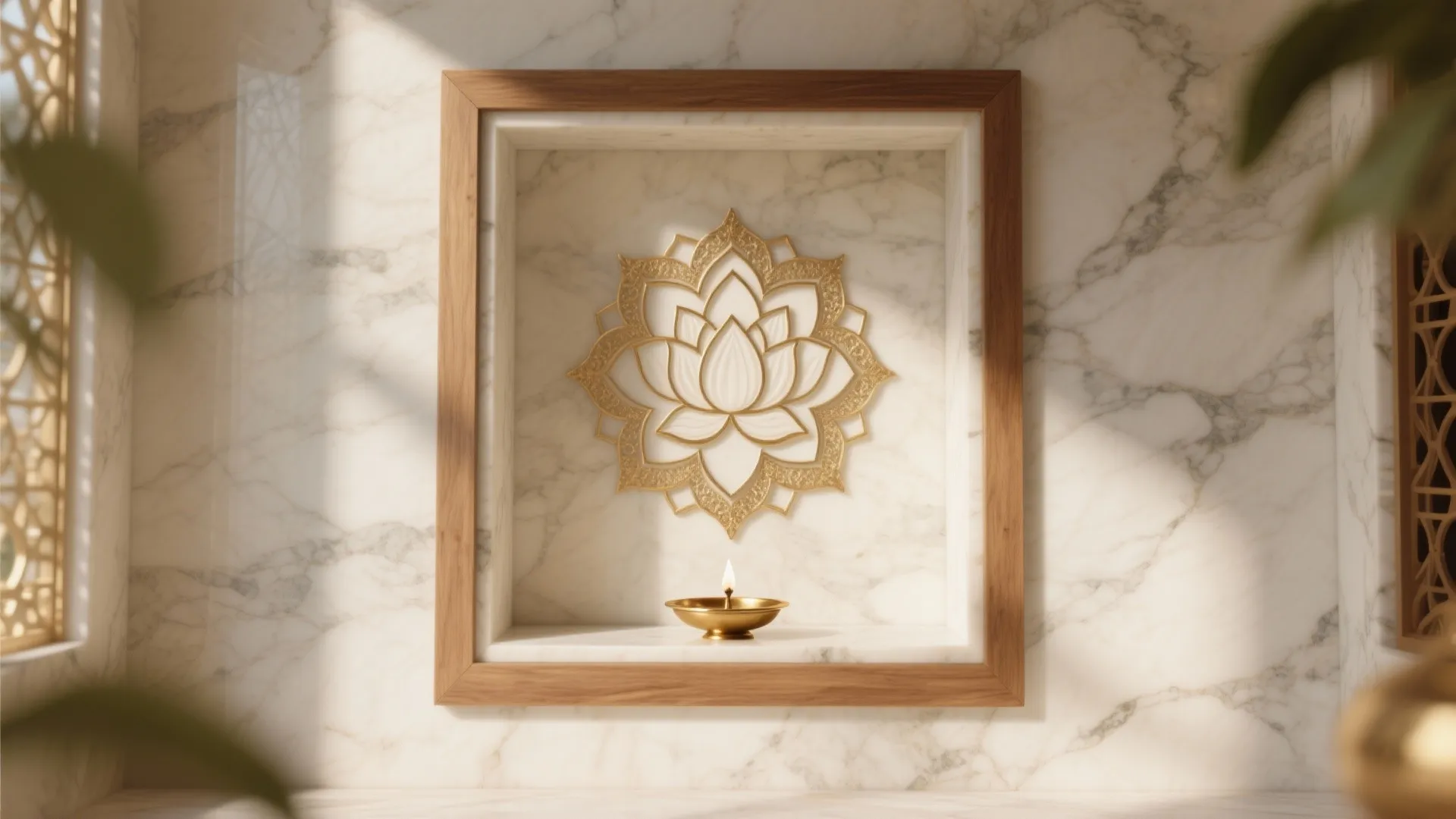 Creamy marble altar wall with brass lotus inlay glowing under soft daylight in a compact shrine.