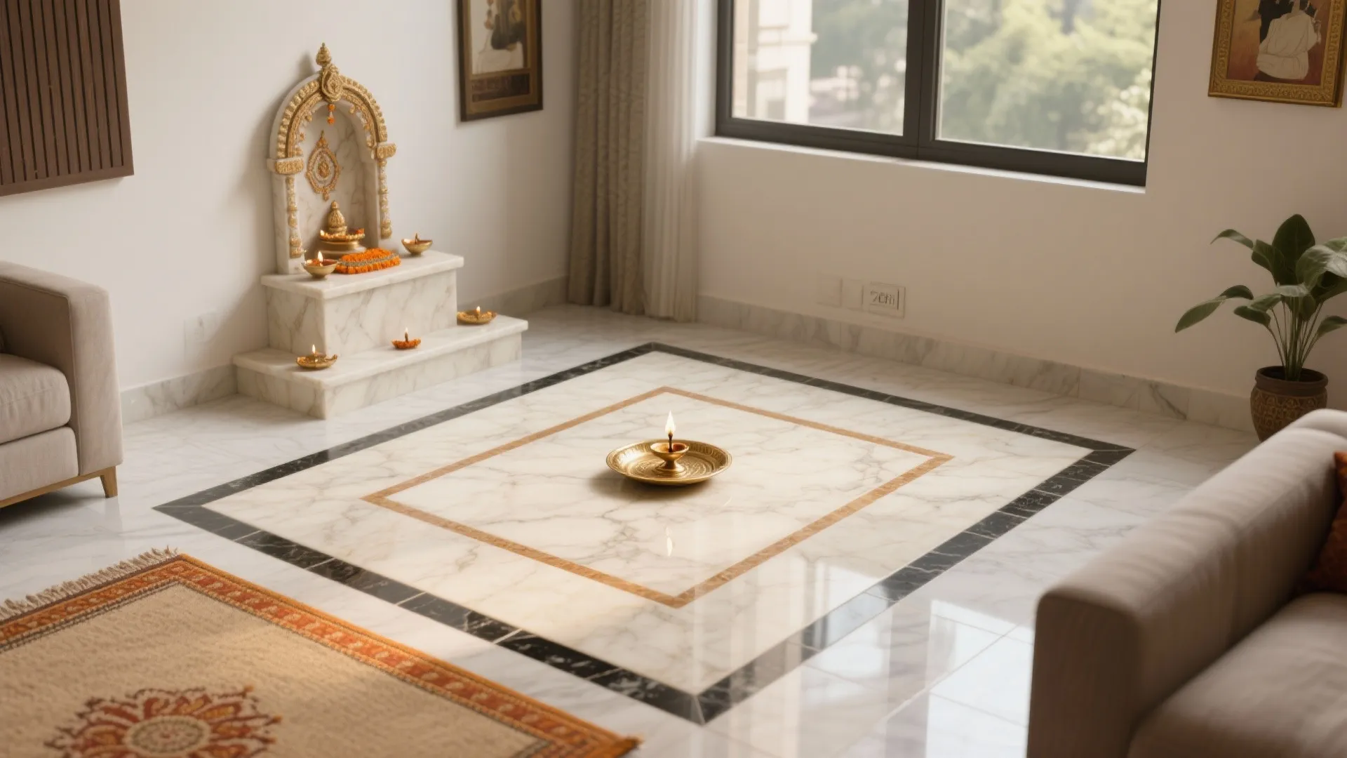 Marble floor with gold patterns and small oil lamps in a prayer room with sofa