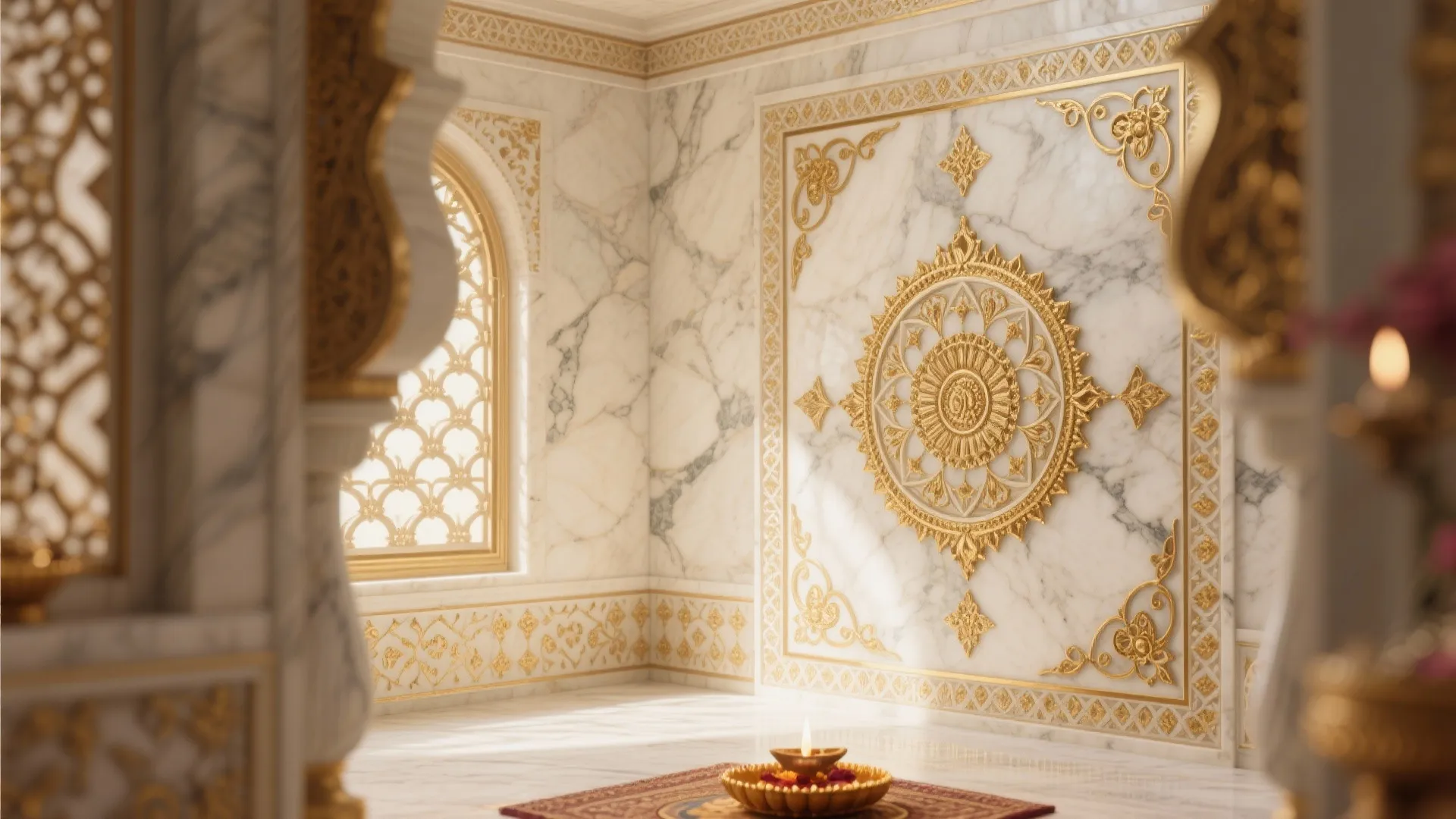 Luxurious white marble prayer room with gold wall patterns and a traditional golden bowl lamp