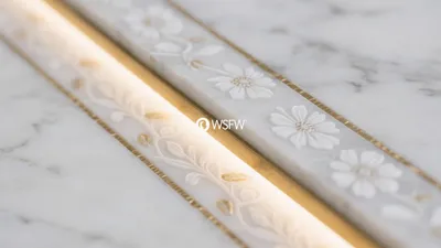 Luxury Marble Tile Design with Gold Accent & Floral Carvings