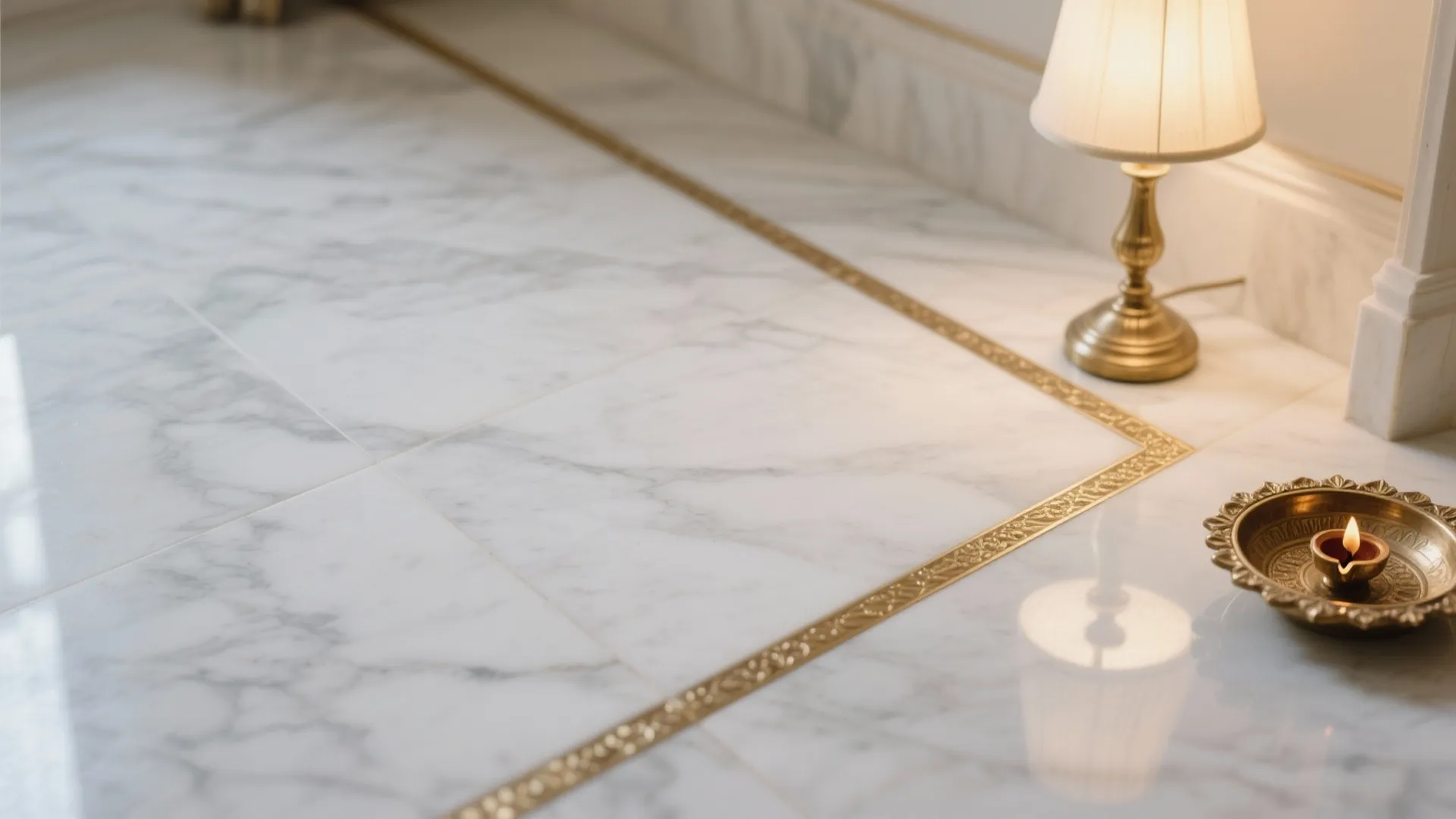 Close up of white marble floor with gold metal lines and small brass table lamp