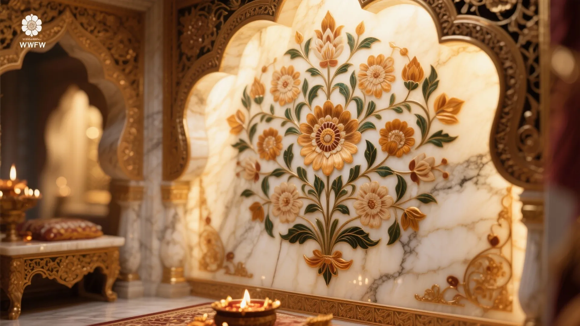 Decorative marble wall panel with colorful flower patterns in a gold frame with warm ambient lighting