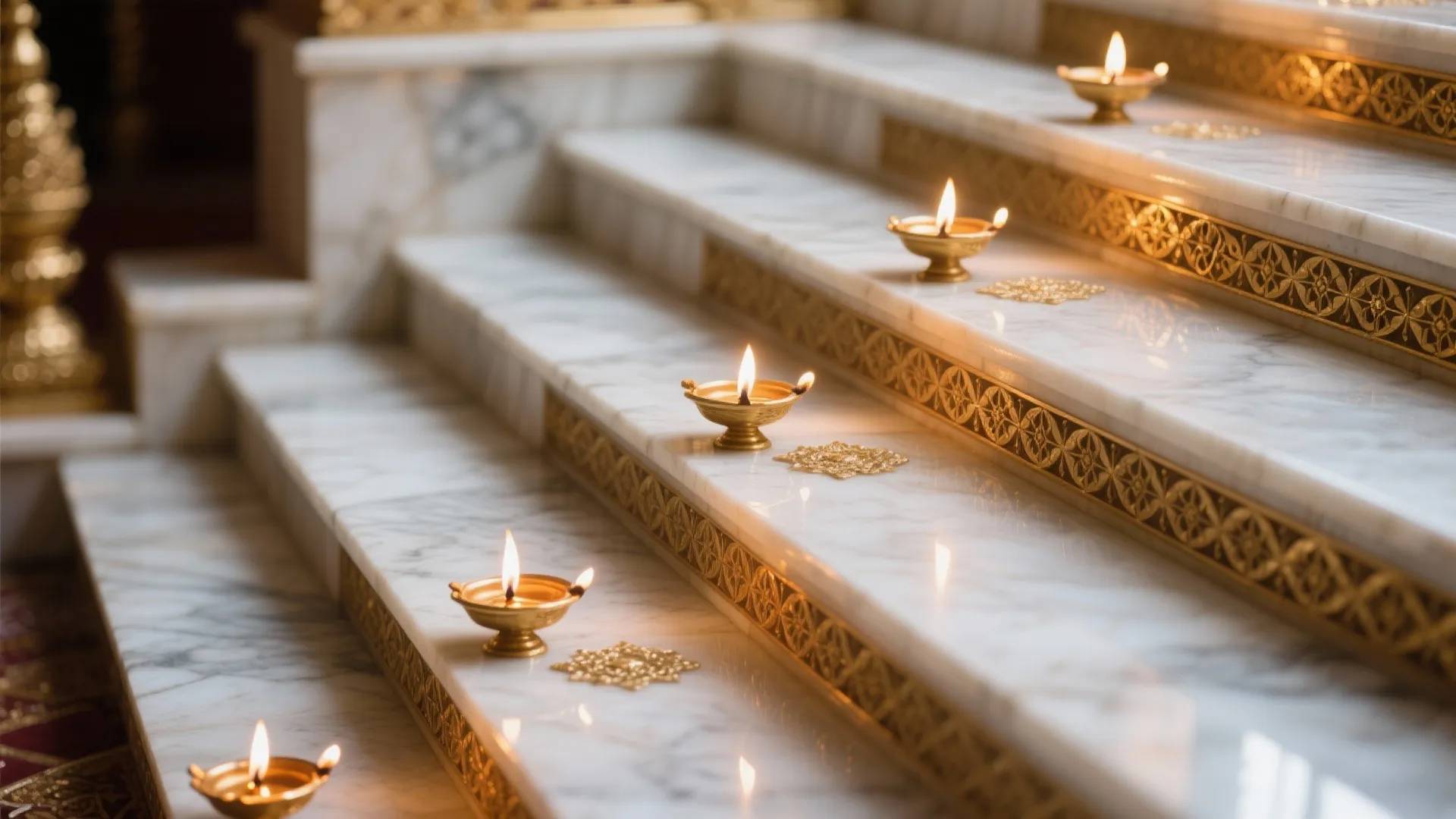 Close up of small gold oil lamps sitting on white marble stairs with decorative patterns