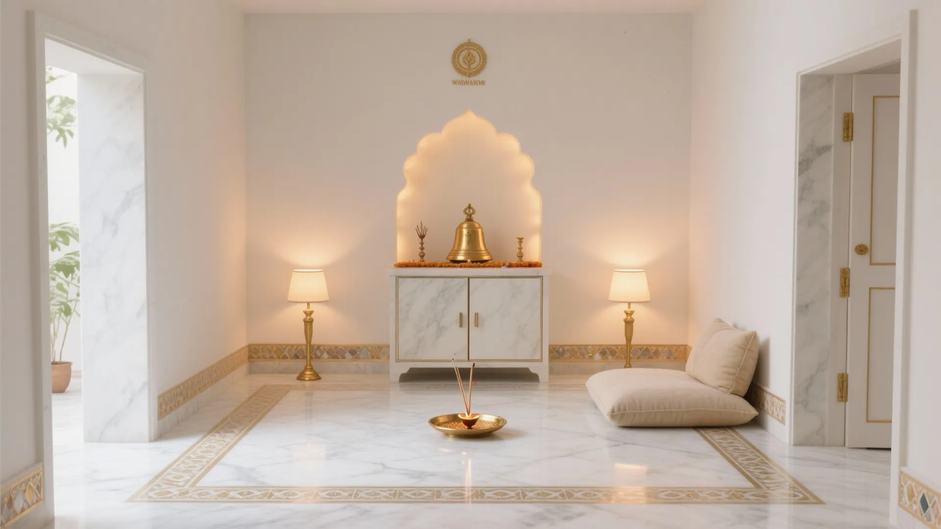 White marble room with small cabinet holding gold bell two floor lamps and soft beige cushion