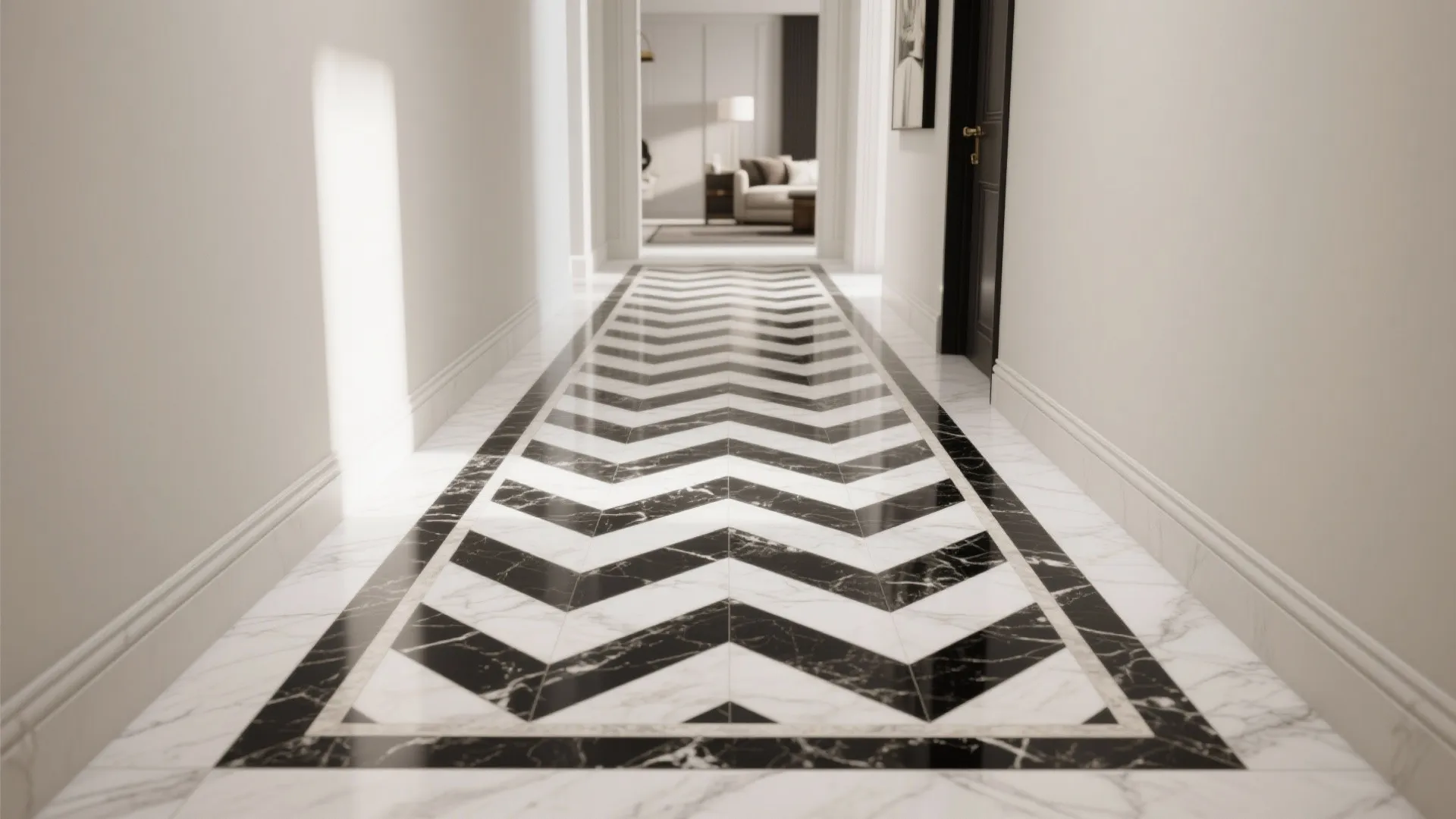 4) Pattern play: herringbone borders and rug inlays