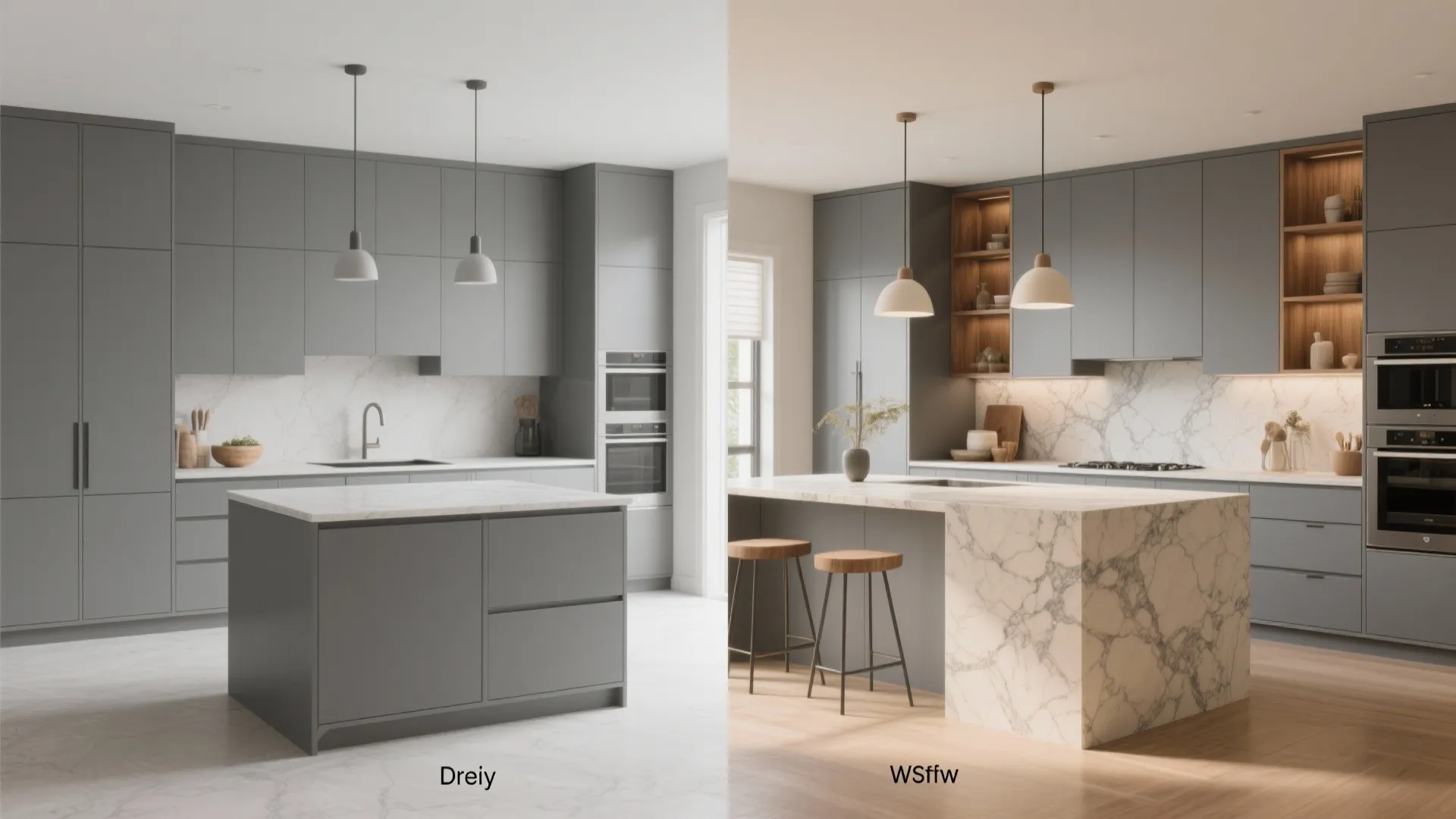 Before and after comparison of kitchen island designs with solid grey versus white marble finishes