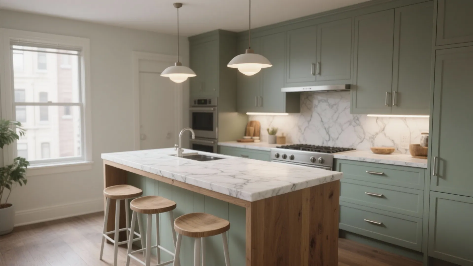 Modern kitchen with green cabinets marble island white ceiling lights wooden bar stools and large window