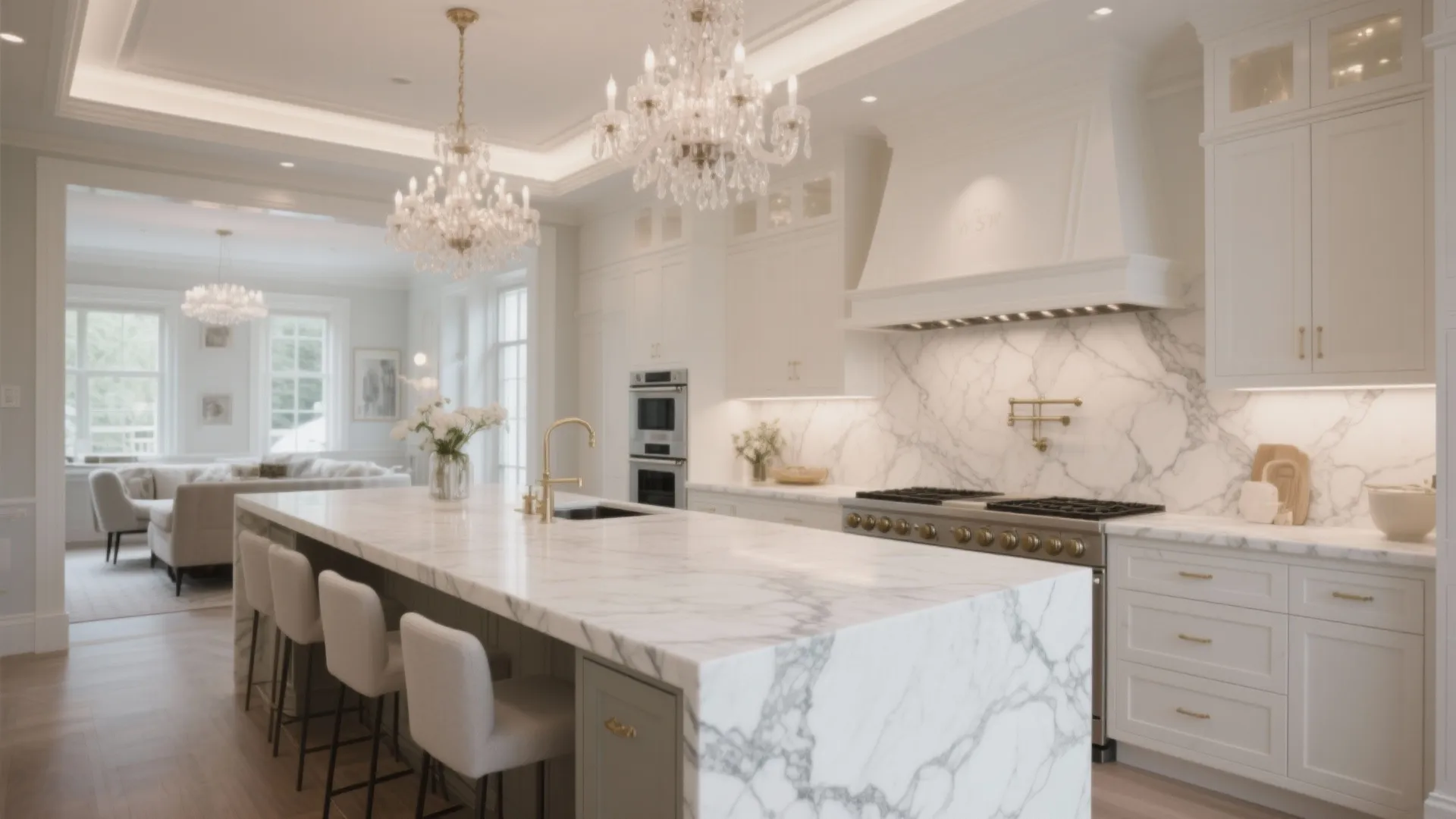 Luxury kitchen with white marble island top and crystal ceiling lights above the seating area