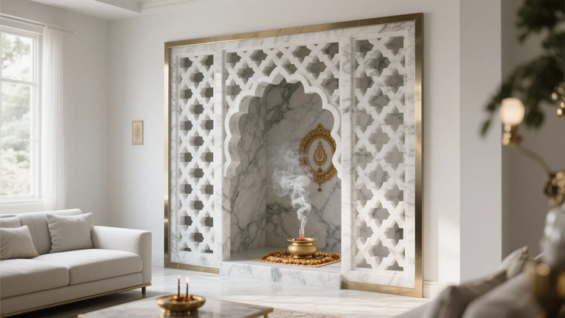 Living room with white sofa and marble wall panel featuring geometric patterns and burning incense bowl