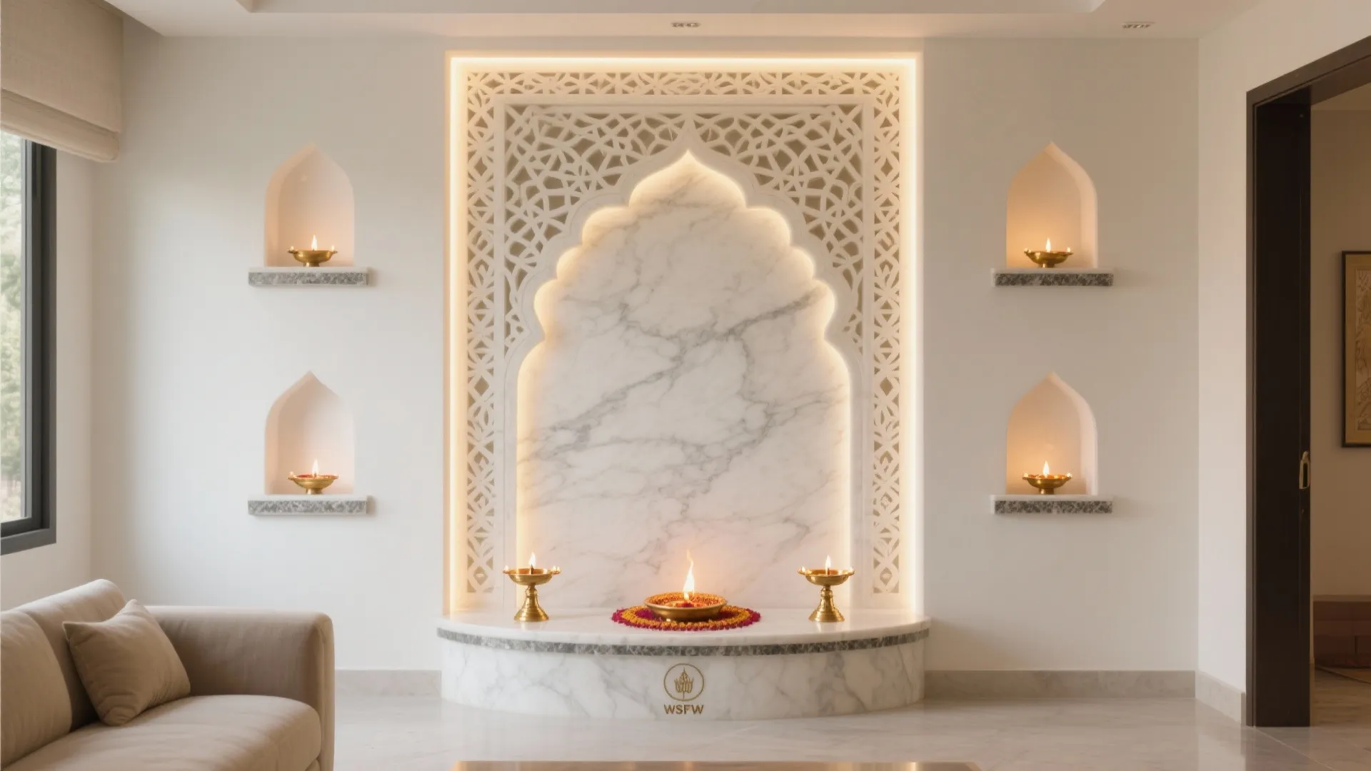 Elegant living room with white marble wall panel featuring intricate patterns and glowing warm lights