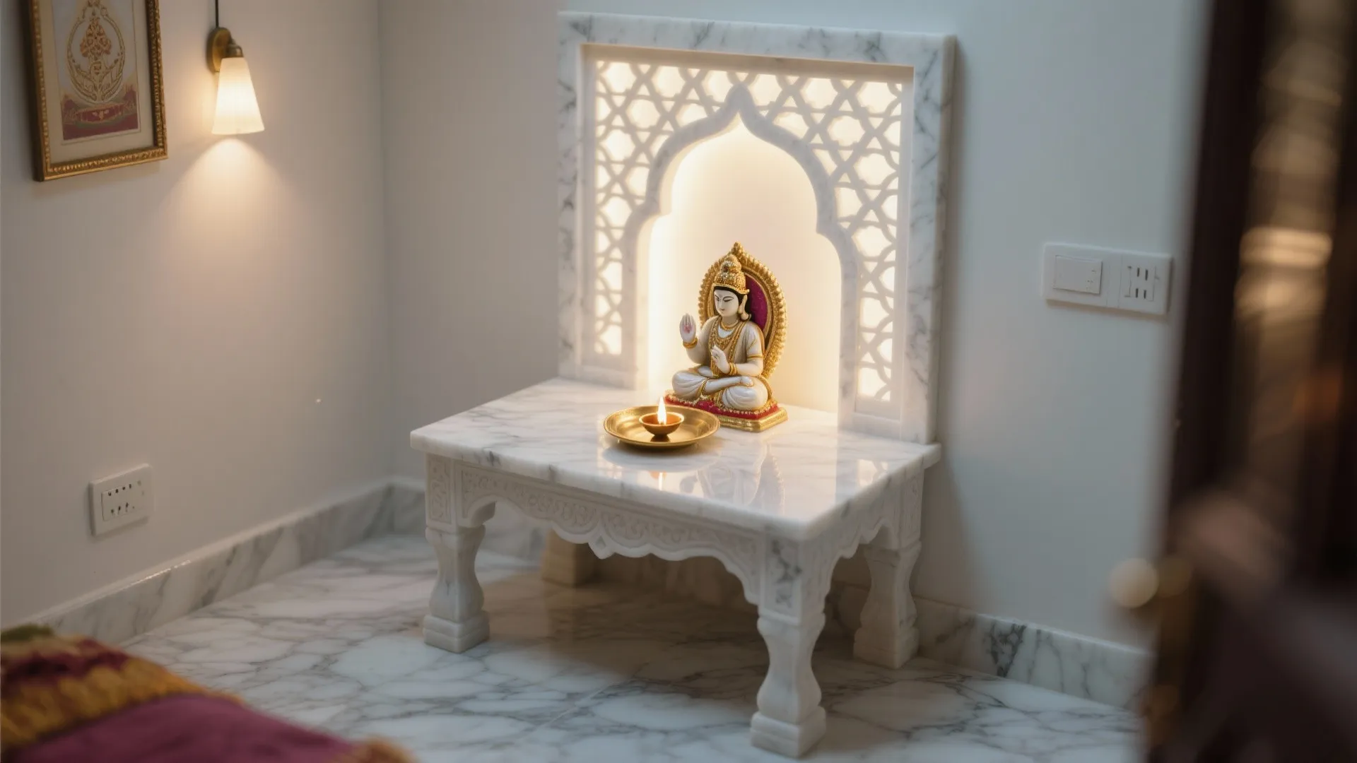 Compact white marble pooja chowki with softly backlit jaali screen in a small corner.