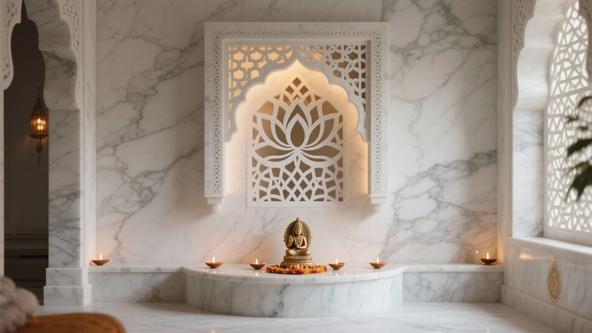Honed white marble gadapa with a softly backlit jaali panel creating a serene pooja corner.