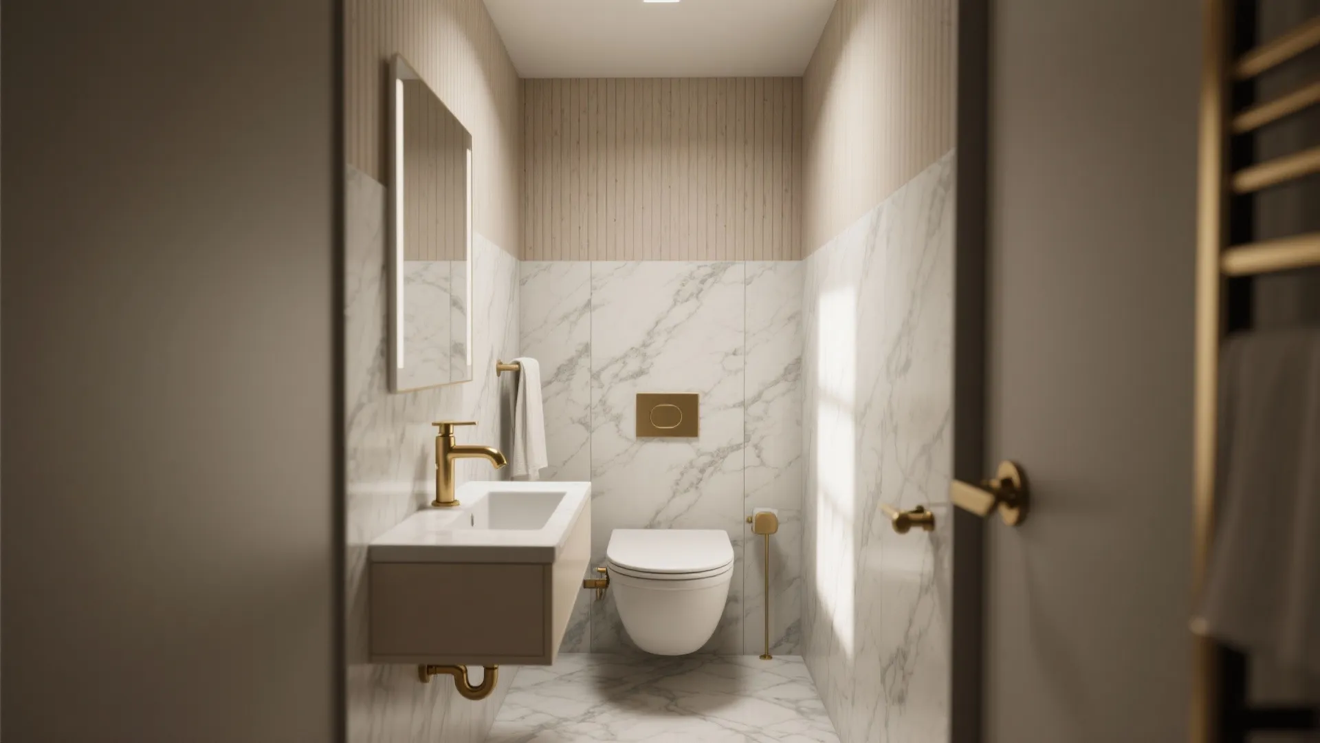 Modern small bathroom with marble tile walls white toilet gold faucet and a wall mirror