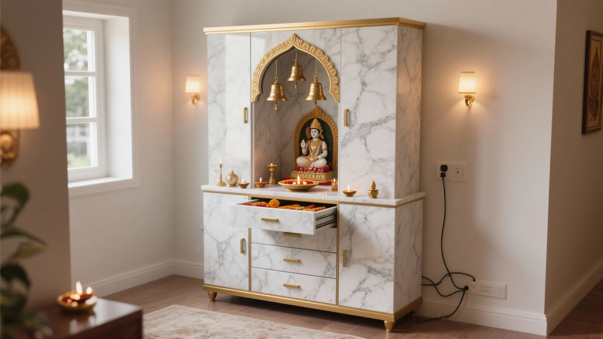 Marble finish prayer cabinet with gold trim plus small bells and drawers in a bright room